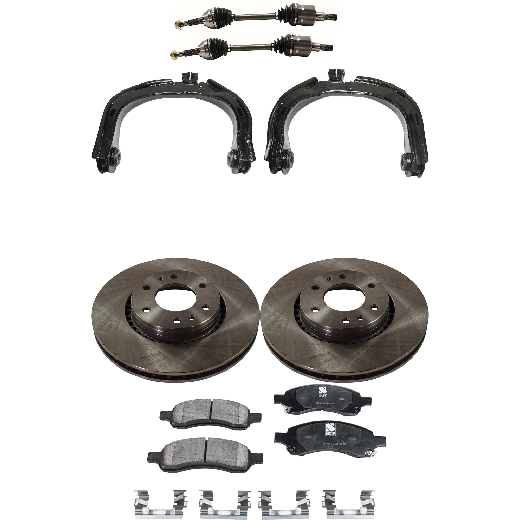 AM RAINIER 06-07 FRONT CV AXLE ASSEMBLY RH AND LH 8 pc kit with Brake Discs Brake Pad Set and Control Arms SKU KIT J060222-093 OEM 26079789-8260797890-18060665-2