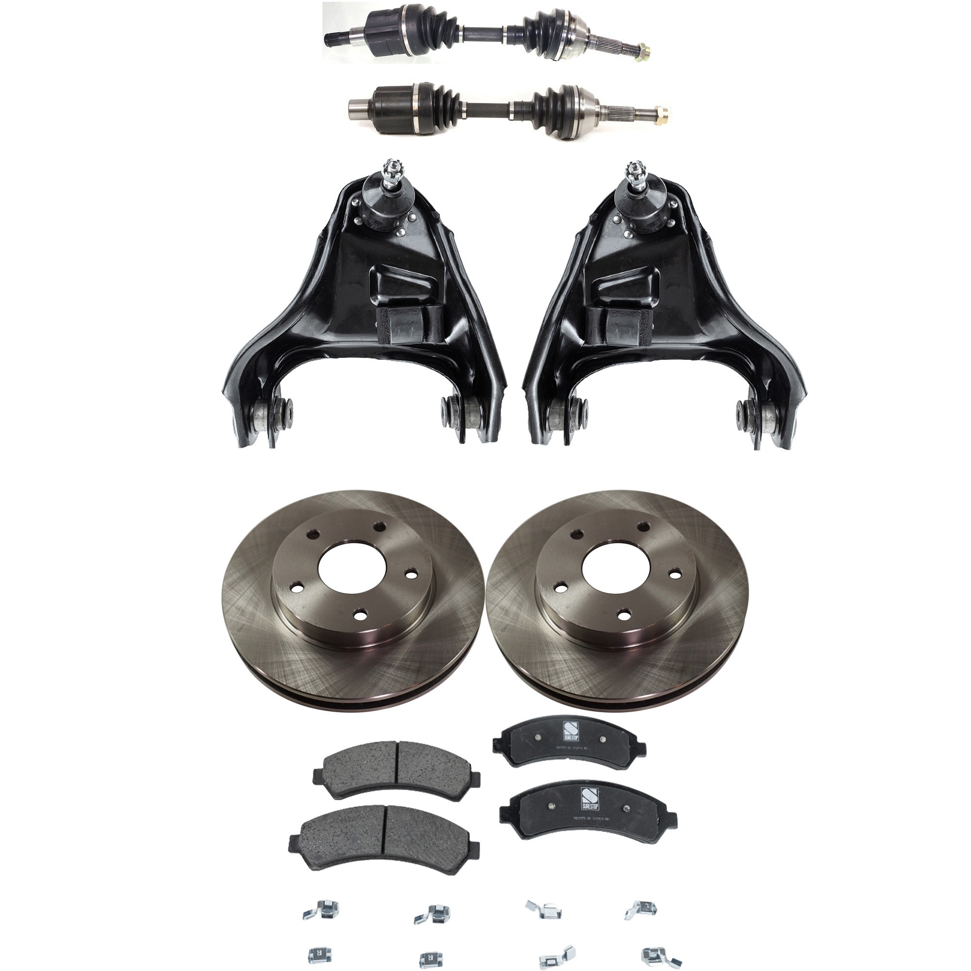 AM BLAZER 98-05 S10 SONOMA 98-04 FRONT CV AXLE ASSEMBLY RH AND LH 8 pc kit with Brake Discs Brake Pad Set and Control Arms SKU KIT J060222-147 Partslink GM4512100 GM4513100 OEM 15733699-18029791-18029863-180