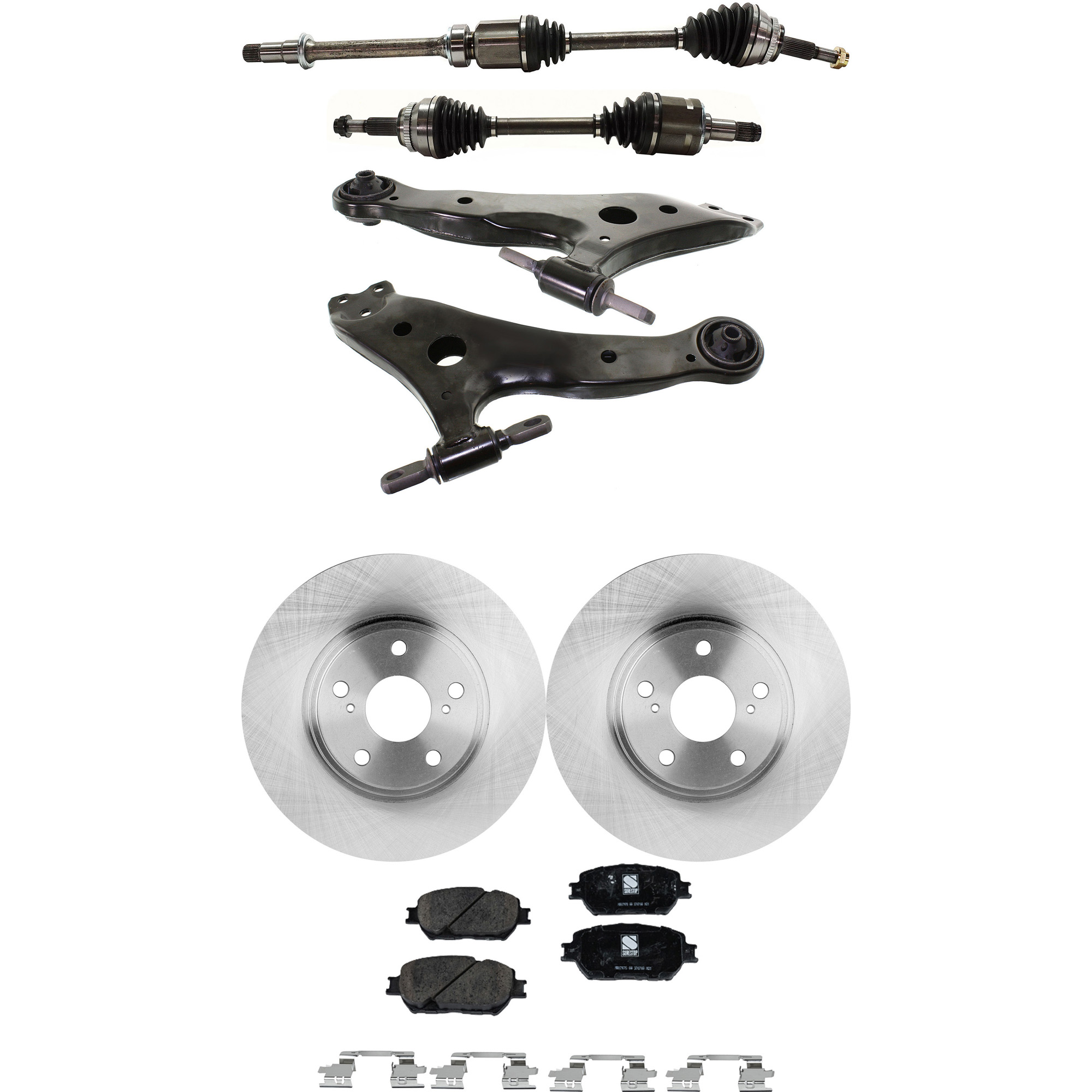 AM CAMRY 02-04 FRONT CV AXLE ASSEMBLY RH AND LH 7 pc kit with Brake Discs Brake Pad Set and Control Arms SKU KIT J060222-167 OEM 4351250000000000000000000000
