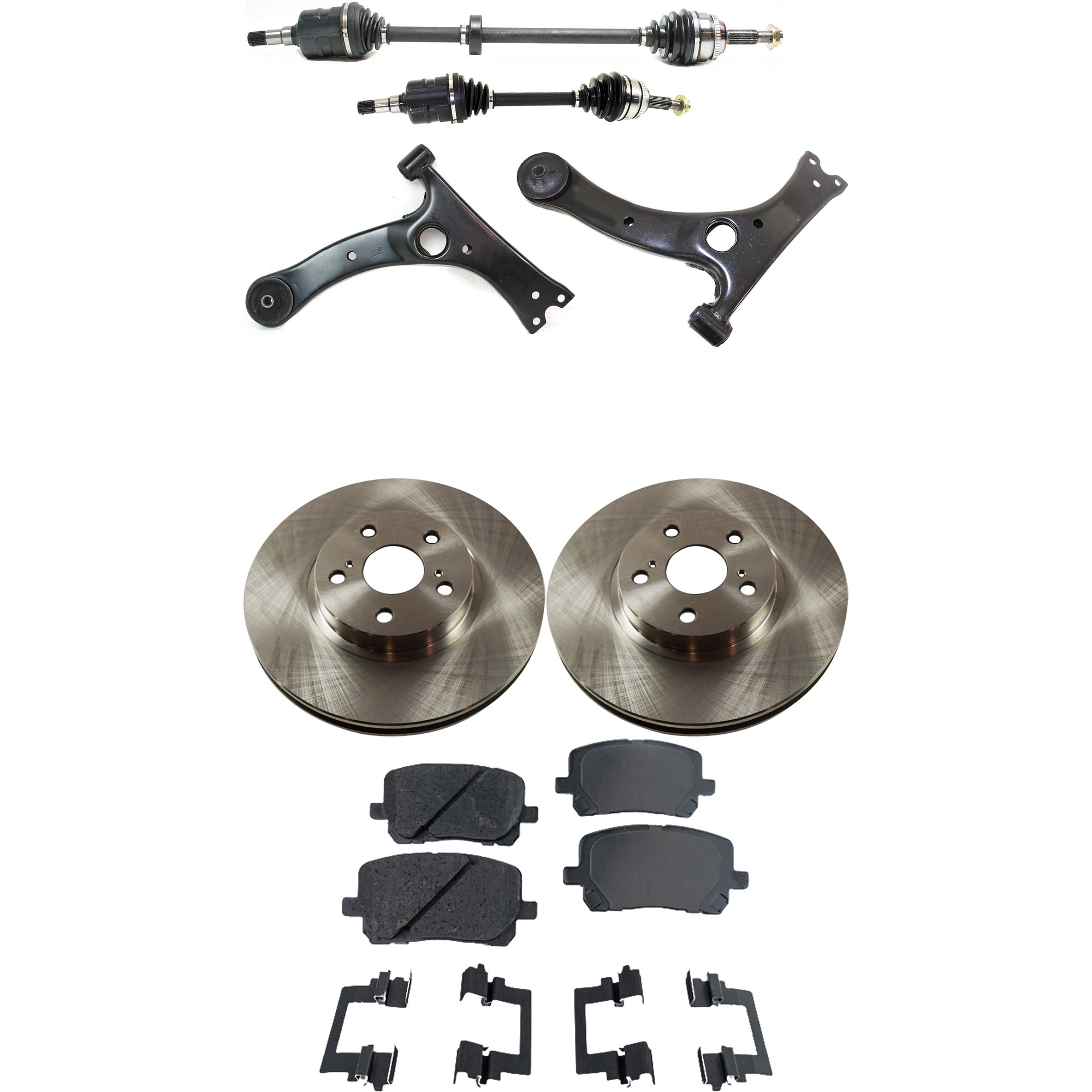 AM COROLLA 03-08 FRONT CV AXLE ASSEMBLY RH AND LH 8 pc kit with Brake Discs Brake Pad Set and Control Arms SKU KIT J060222-175 OEM 4351202110-4351202130-43512021