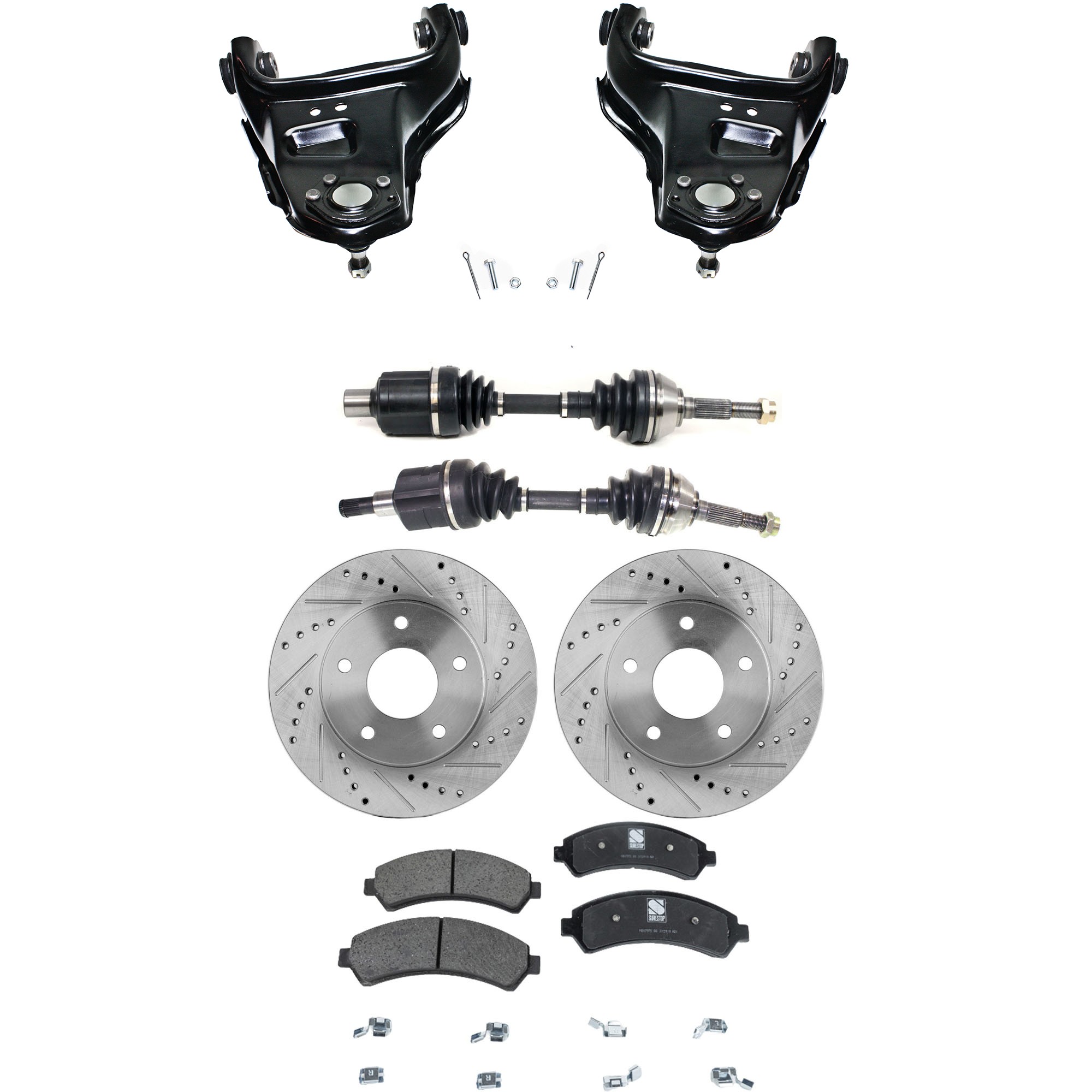 AM BLAZER 98-05 S10 SONOMA 98-04 FRONT CV AXLE ASSEMBLY RH AND LH 8 pc kit with Brake Discs Brake Pad Set and Control Arms SKU KIT J060222-219 Partslink GM4512100 GM4513100 OEM 19848-55047-56694-65975-101708