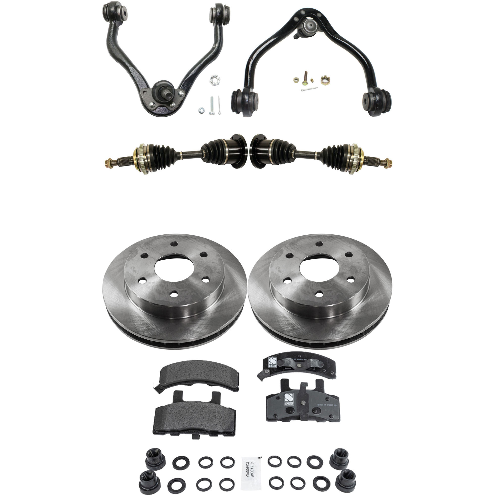 AM C K FULL SIZE P U 89-97 YUKON 94-97 FRONT CV AXLE ASSEMBLY RH AND LH 8 pc kit with Brake Discs Brake Pad Set and Control Arms SKU KIT J061522-027 OEM 15521902-15679710-12321430-123