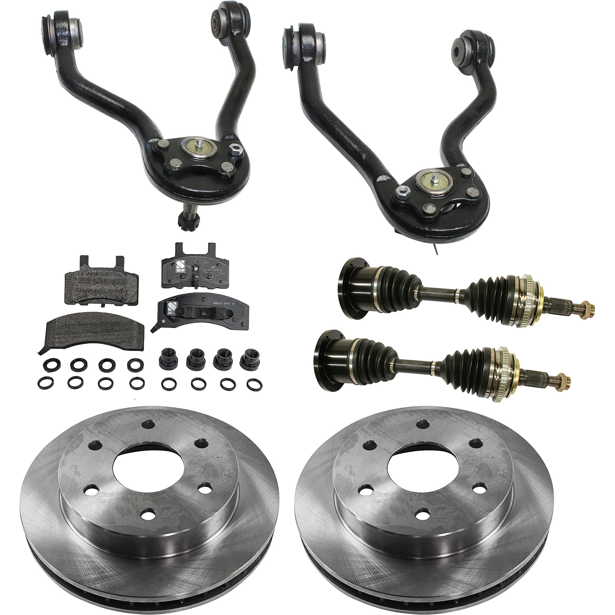 AM C K FULL SIZE P U 89-97 FRONT CV AXLE ASSEMBLY RH AND LH 7 pc kit with Brake Discs Brake Pad Set and Control Arms SKU KIT J061522-029 OEM 15521902-15679710-5003163AA 12