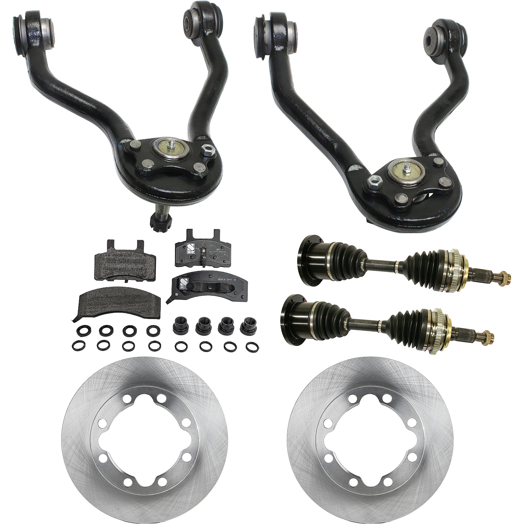 AM C K FULL SIZE P U 89-97 FRONT CV AXLE ASSEMBLY RH AND LH 8 pc kit w Brake Discs Brake Pad Set and Control Arms SKU KIT J061522-030 OEM 4798315-52007851-12549136-1556