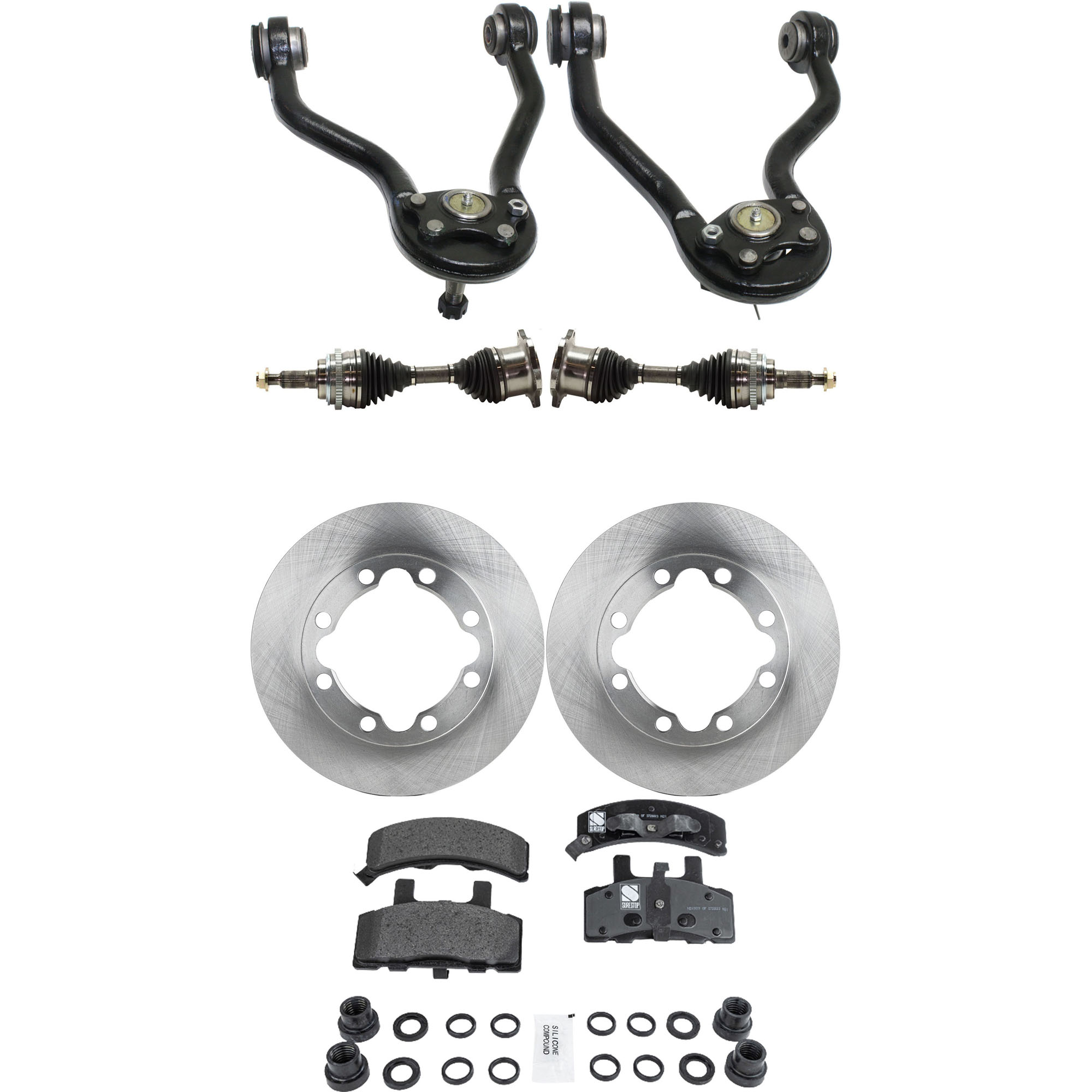 AM C K FULL SIZE P U 89-95 FRONT CV AXLE ASSEMBLY RH AND LH 8 pc kit with Brake Discs Brake Pad Set and Control Arms SKU KIT J061522-043 OEM 4798315-52007851-12549136-1556