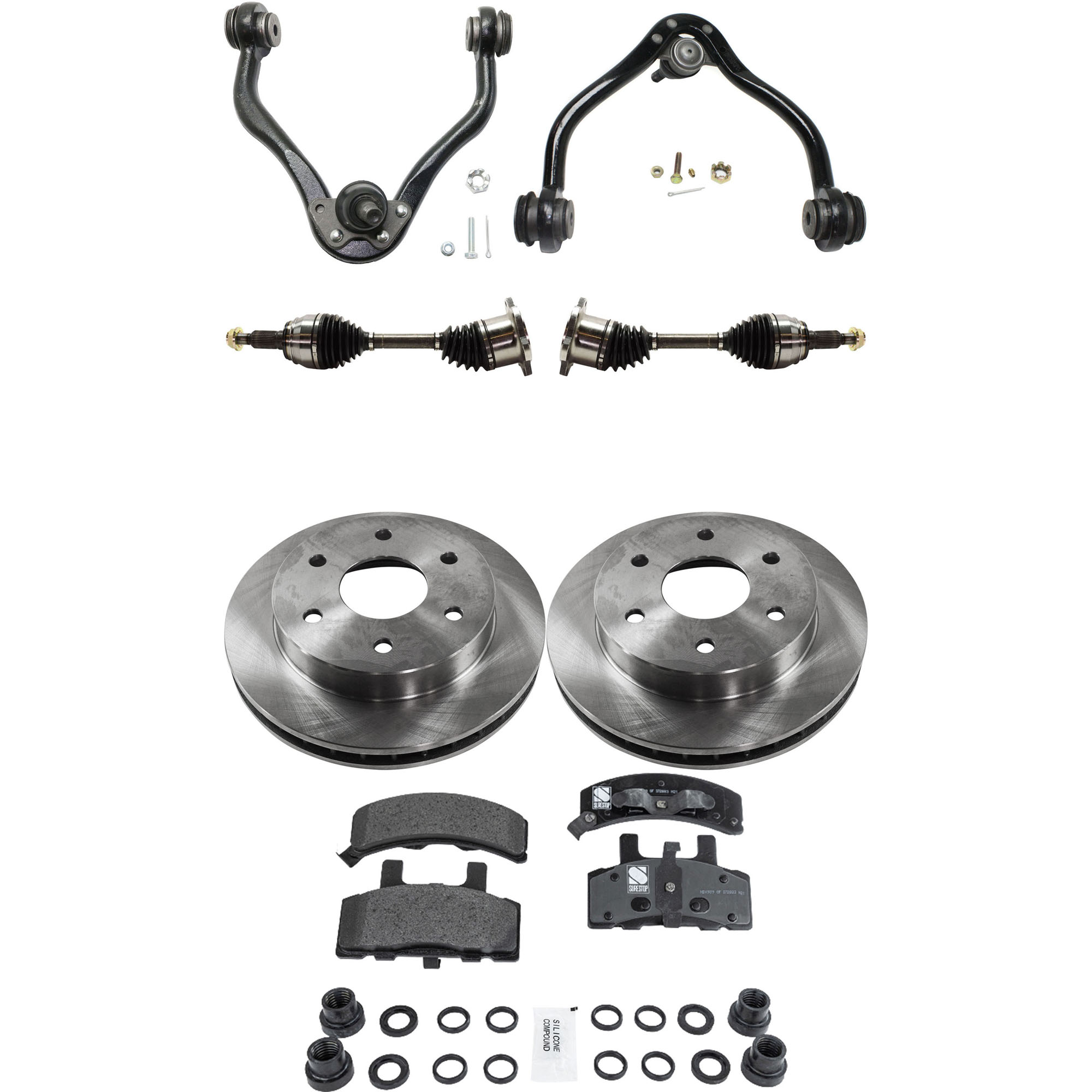 AM BLAZER 94-94 K2500-89-95 FRONT CV AXLE ASSEMBLY RH AND LH 8 pc kit with Brake Discs Brake Pad Set and Control Arms SKU KIT J061522-046 OEM 15521902-15679710-12321430-123