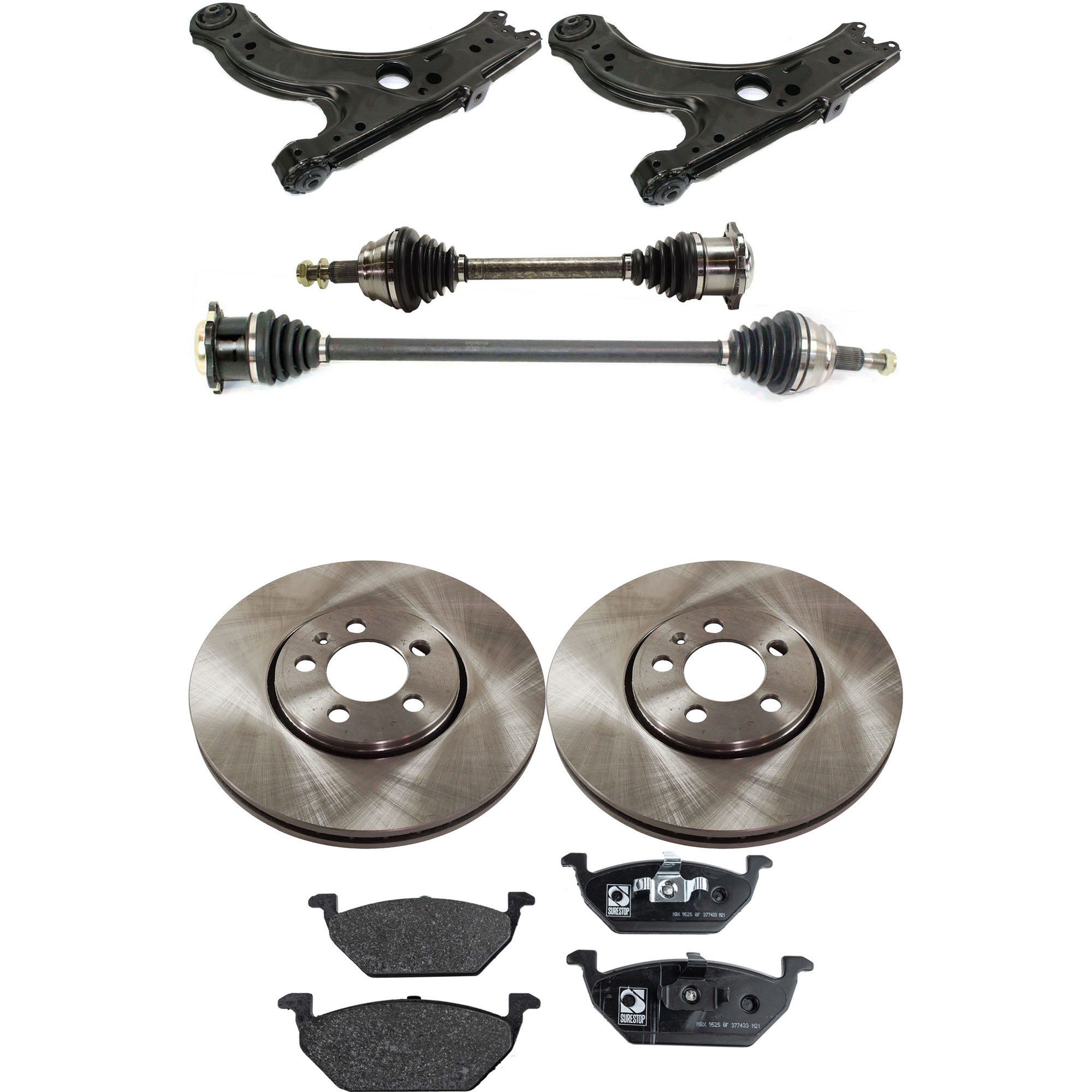 AM BEETLE JETTA 00-05 FRONT AXLE ASSEMBLY RH AND LH 7 pc kit with Brake Disc Brake Pad Set and Control Arm SKU KIT J061522-056 OEM 1J0615301R 1J0698151-1J0698151