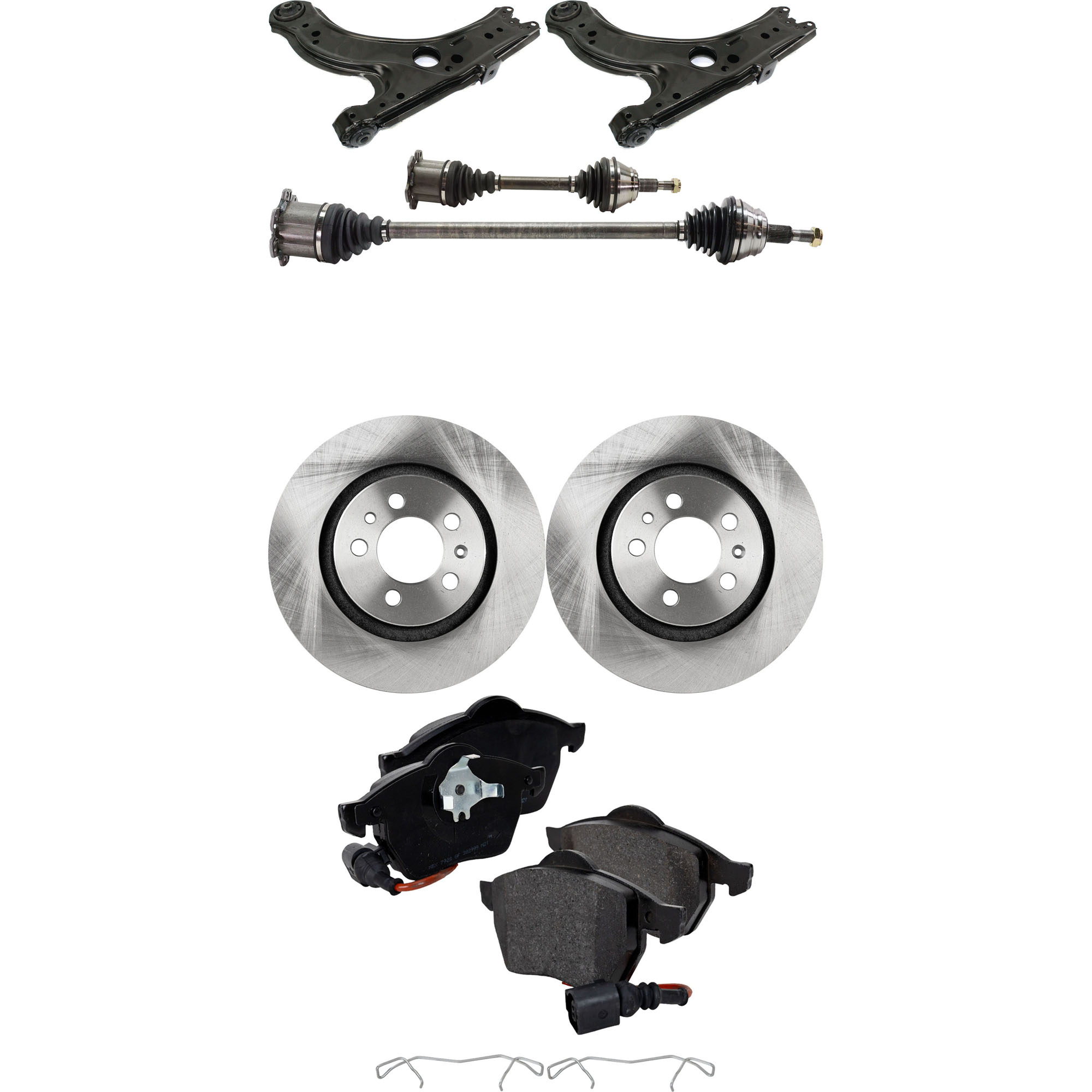 AM JETTA 02-05 FRONT CV AXLE ASSEMBLY RH AND LH 8 pc kit w Brake Discs and Brake Pad Set and Control Arms SKU KIT J061522-078 OEM 1J0615301P 1J0698151K 1J069815