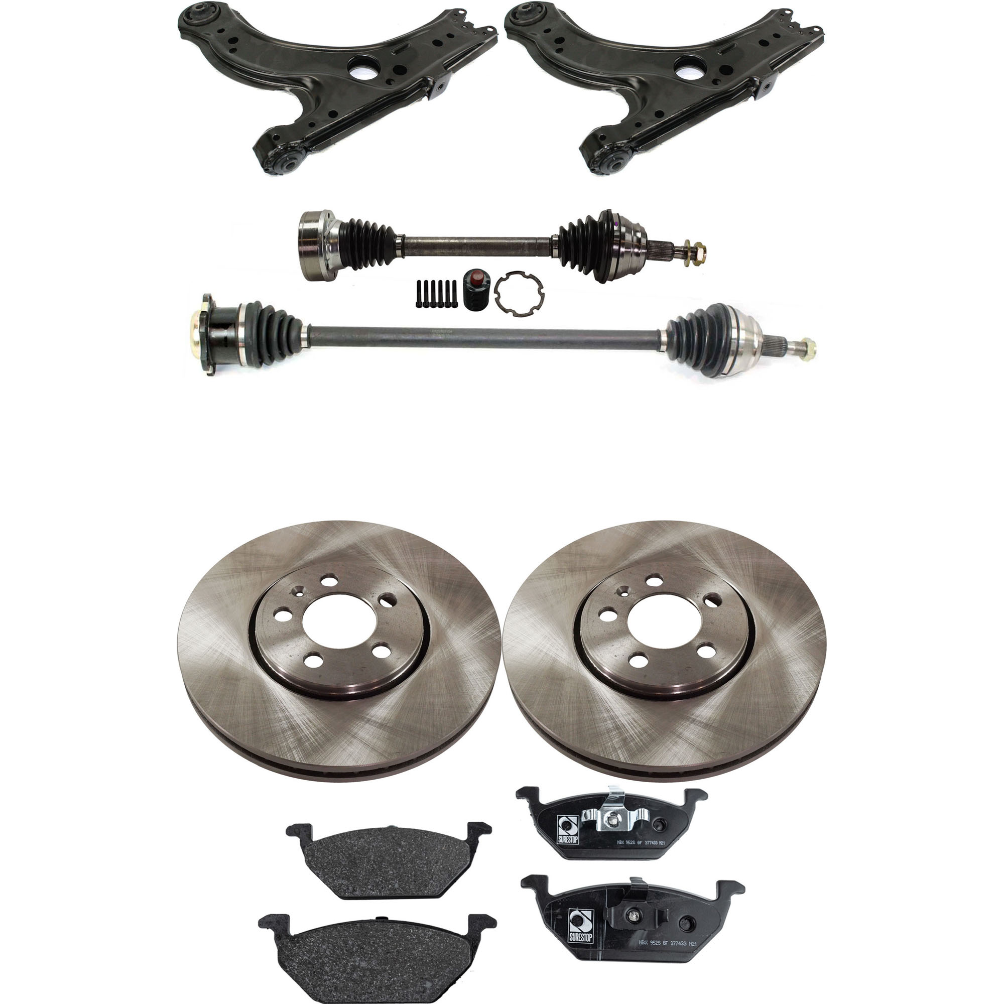 AM JETTA 04-05 FRONT CV AXLE ASSEMBLY RH AND LH 8 pc kit with Brake Discs Brake Pad Set and Control Arms SKU KIT J061622-008 OEM 1J0615301R 1J0698151-1J0698151