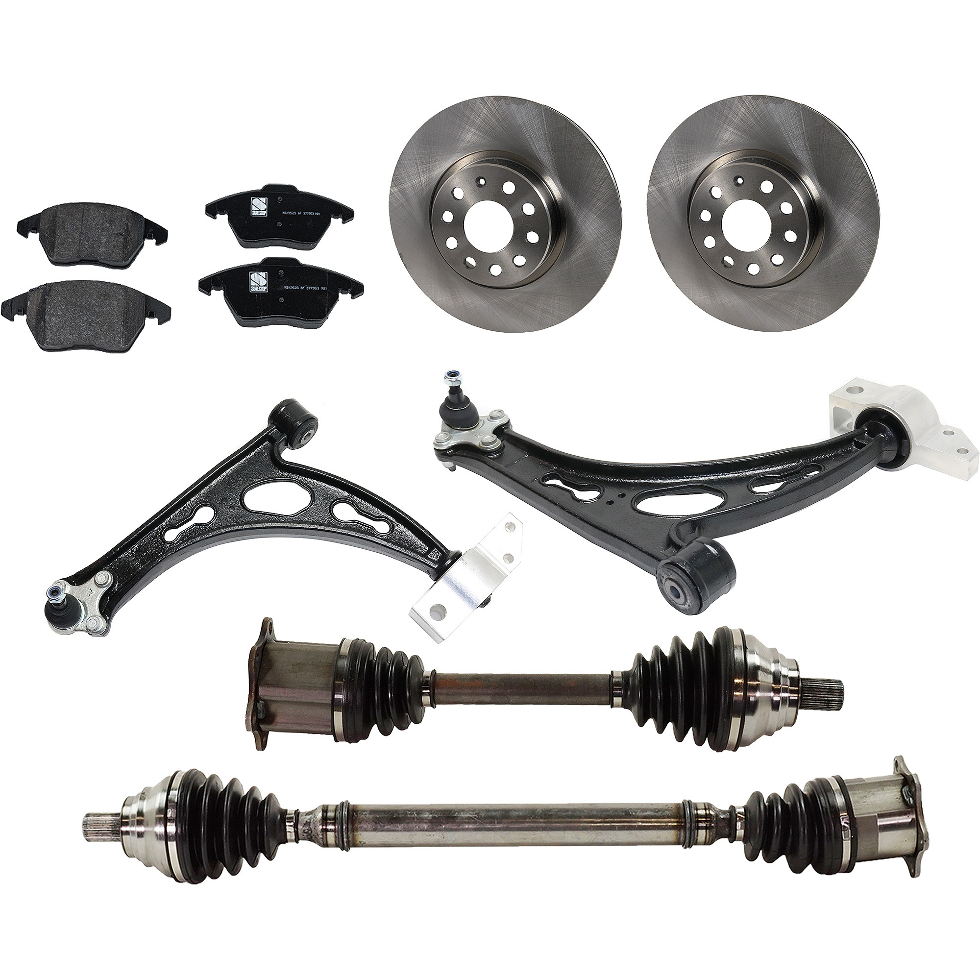 AM EOS 07-08 JETTA 09-14 FRONT CV AXLE ASSEMBLY RH AND LH 8 pc Kit with Brake Discs Brake Pad Set and Control Arms SKU KIT J061622-138 OEM 1K0615301AA 1609987980-425260