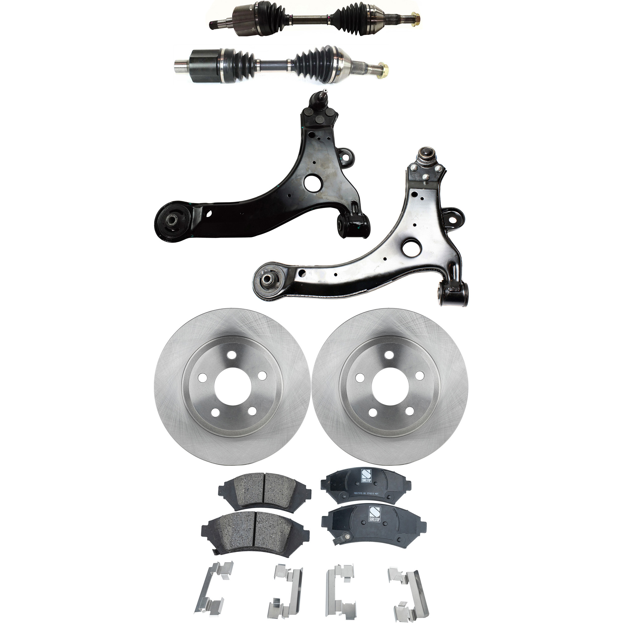 AM IMPALA 05-05 MONTE CARLO 05-05 FRONT AXLE ASSEMBLY RH AND LH 8 pc kit with Brake Disc Brake Pad Set and Control Arms SKU KIT J062422-273 OEM 88964116-19303832-88964119-103
