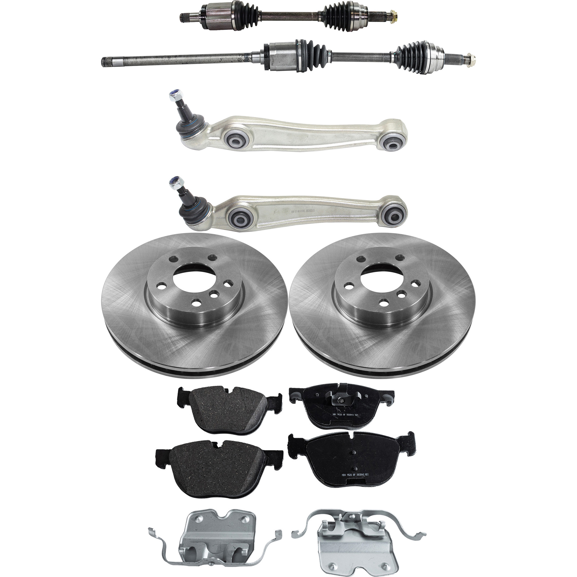 AM X5-07-13 X6-11-14 FRONT AXLE ASSEMBLY RH AND LH 8 pc kit with Brake Disc Brake Pad Set and Control Arms SKU KIT J062422-281 OEM 34116771985-34116793245-341140