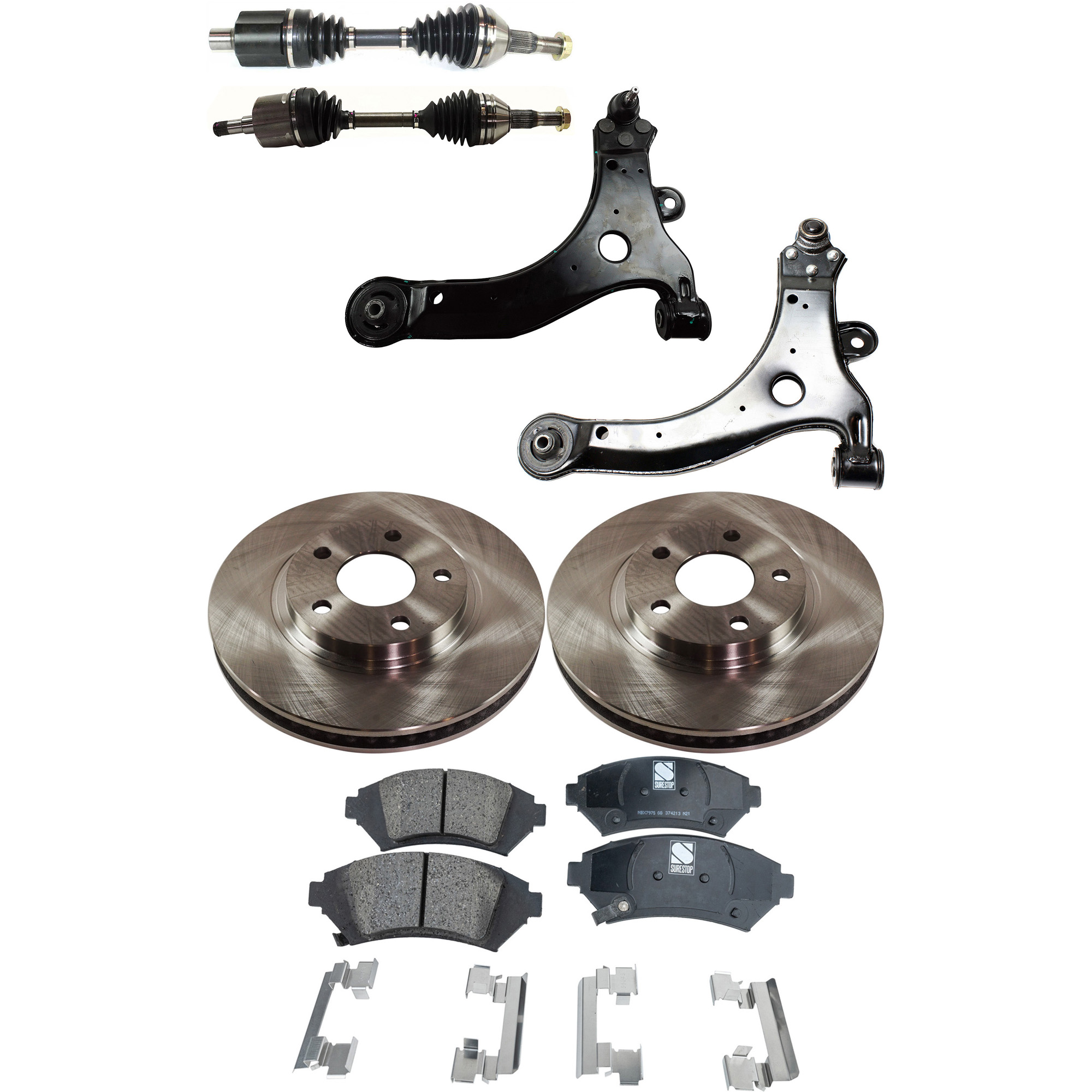 AM IMPALA 05-05 MONTE CARLO 05-05 FRONT AXLE ASSEMBLY RH AND LH 8 pc kit with Brake Disc Brake Pad Set and Control Arms SKU KIT J062422-282 OEM 18021015-88964119-10344930-104