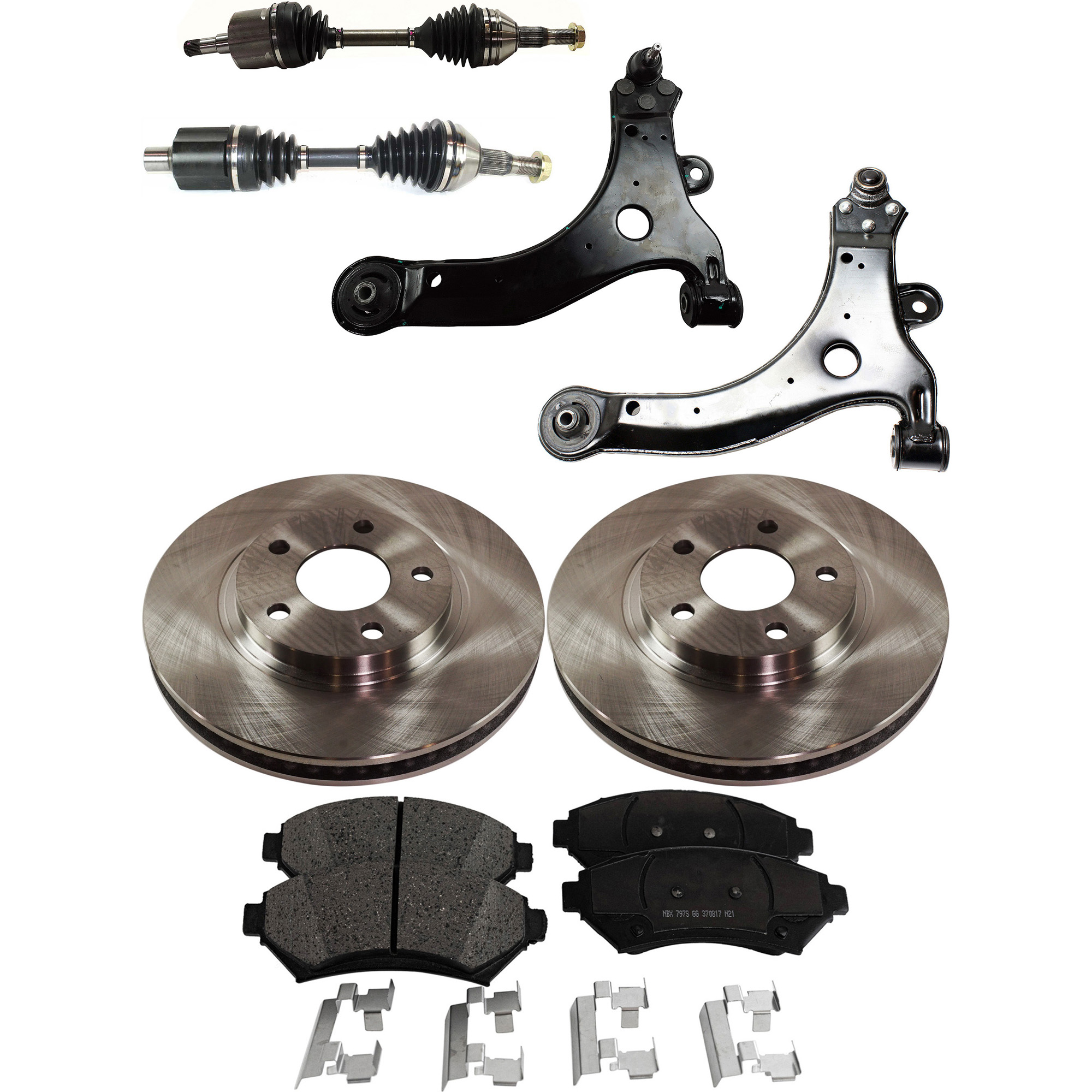 AM IMPALA 00-04 FRONT AXLE ASSEMBLY RH AND LH 8 pc kit with Brake Disc Brake Pad Set and Control Arms SKU KIT J062422-284 OEM 18021015-18024961-18024962-180