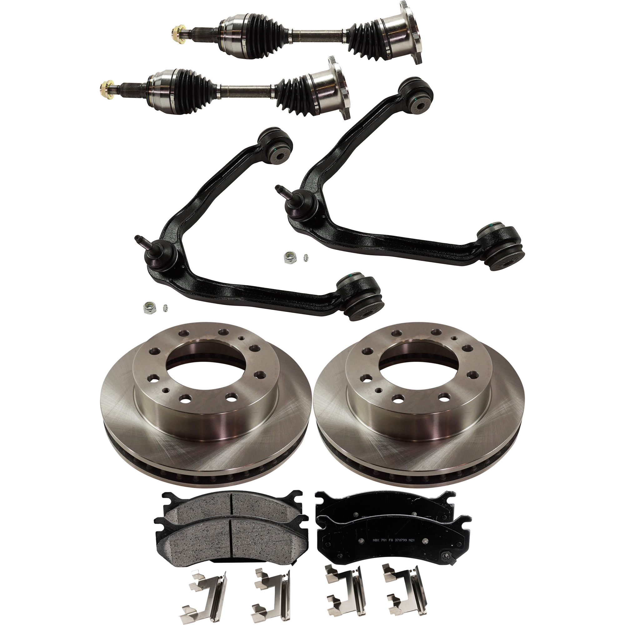 AM SIERRA 1500 SILVERADO 1500-04-04 FRONT CV AXLE ASSEMBLY RH AND LH 8 pc Kit w Brake Discs Brake Pad Set and Control Arms SKU KIT J062422-486 OEM 18060654-15886462-18026217-180