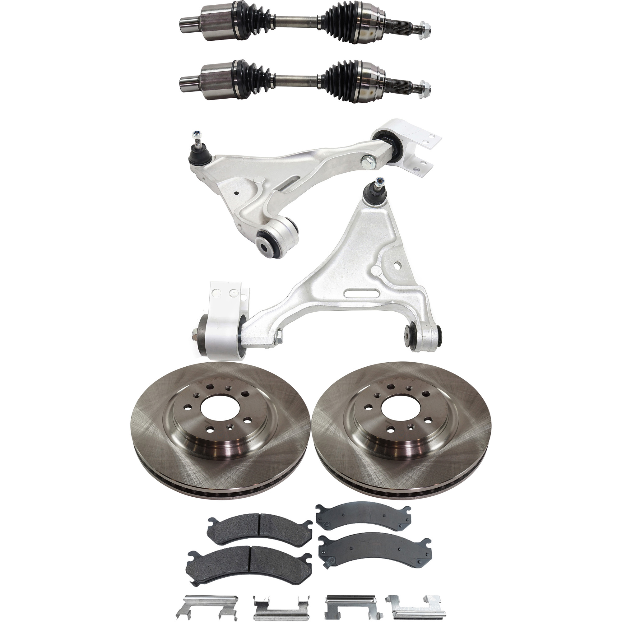 AM DTS 06-07 FRONT CV AXLE ASSEMBLY RH AND LH 8 pc kit with Brake Discs Brake Pad Set and Control Arms SKU KIT J062422-540 OEM 15793340-25803423-25980048-259
