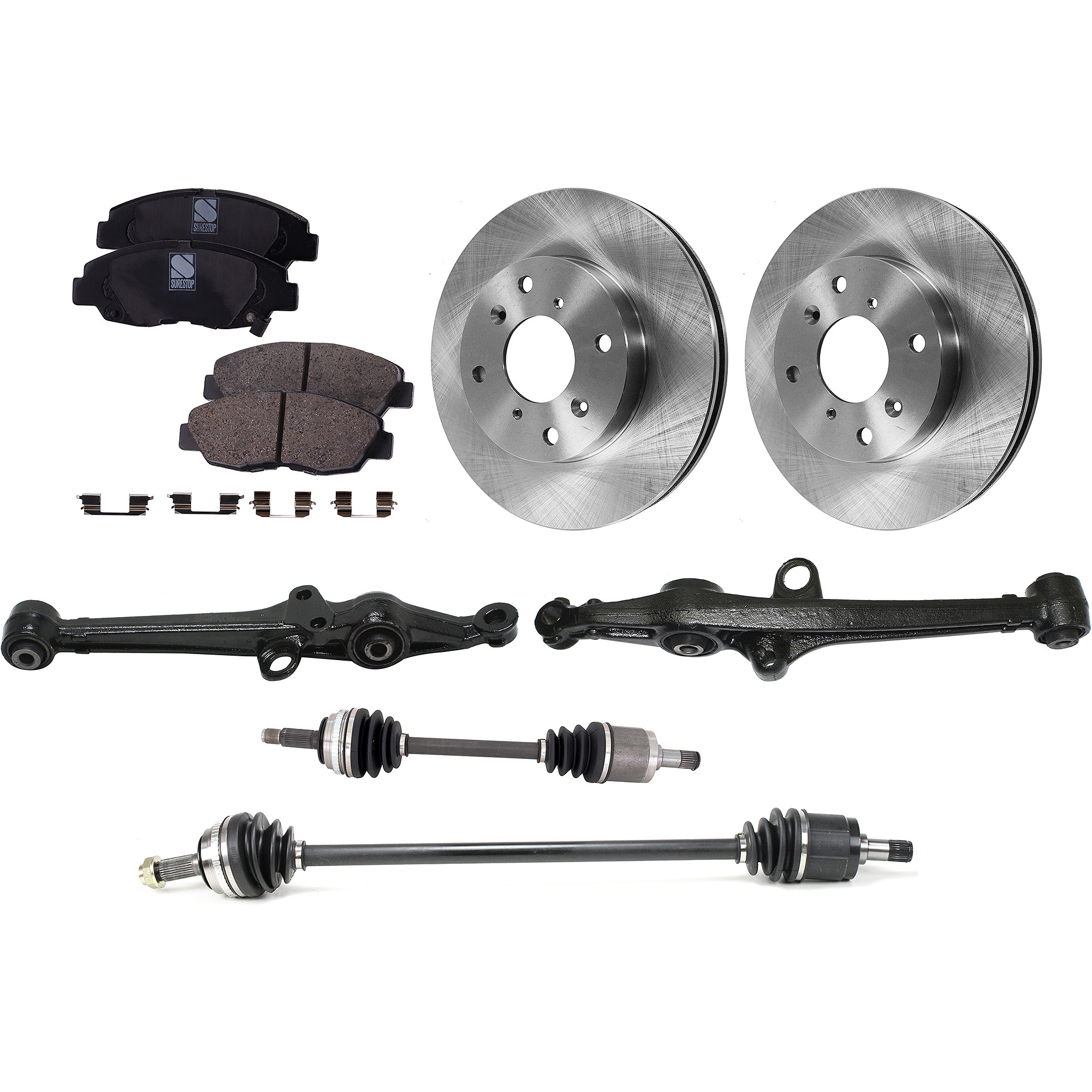 AM CL 98-99 FRONT CV AXLE ASSEMBLY RH AND LH 8 pc kit with Brake Discs Brake Pad Set and Control Arms SKU KIT J062422-579 OEM 45251S84A01-45022SM4517-45022S