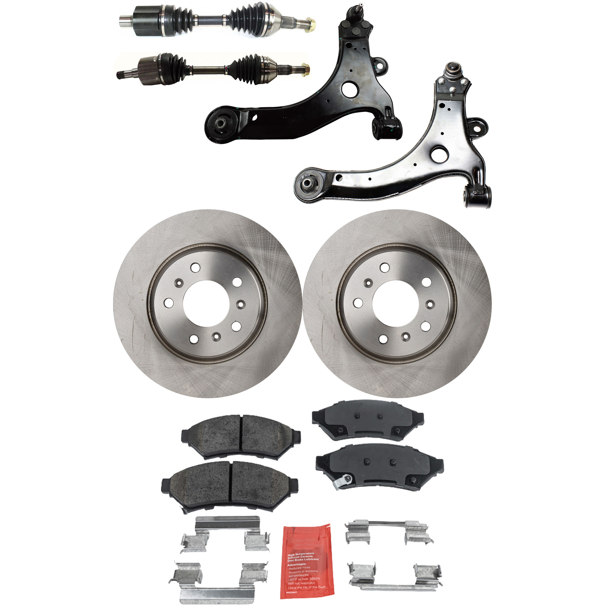 AM LACROSSE 05-09 FRONT CV AXLE ASSEMBLY RH AND LH 8 pc kit with Brake Discs Brake Pad Set and Control Arms SKU KIT J062422-597 OEM 18048698-19121389-19137369-889