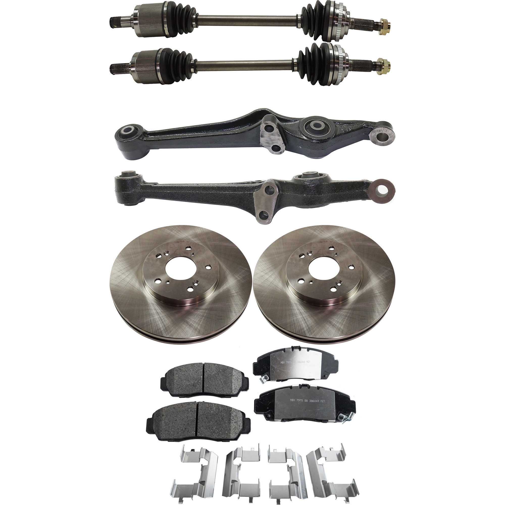 AM CL 01-03 TL 99-03 FRONT CV AXLE ASSEMBLY RH AND LH 8 pc kit with Brake Discs Brake Pad Set and Control Arms SKU KIT J062422-612 OEM 45251S0X000-45022S0KA00-45022S