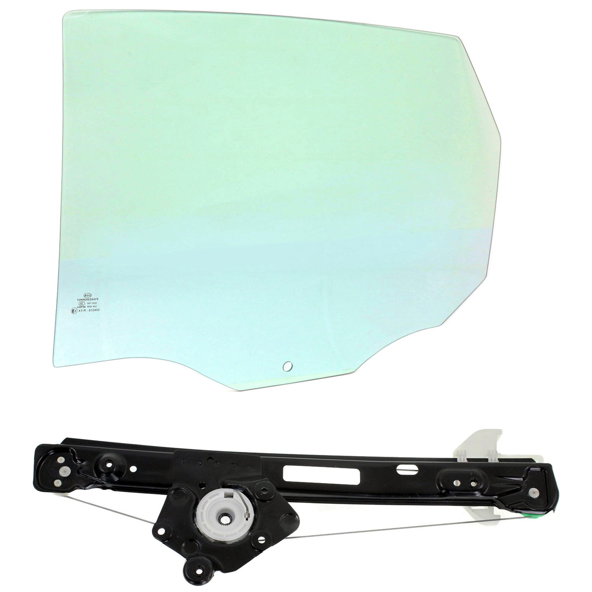 AM FOCUS 00-07 REAR DOOR GLASS LH Green Tint 2 pc Kit Sedan and Hatchback w out Clip with Window Regulator SKU KIT J070117-58 Partslink FO1550119 OEM 8S4Z5425713A DD09525GTNN DD113