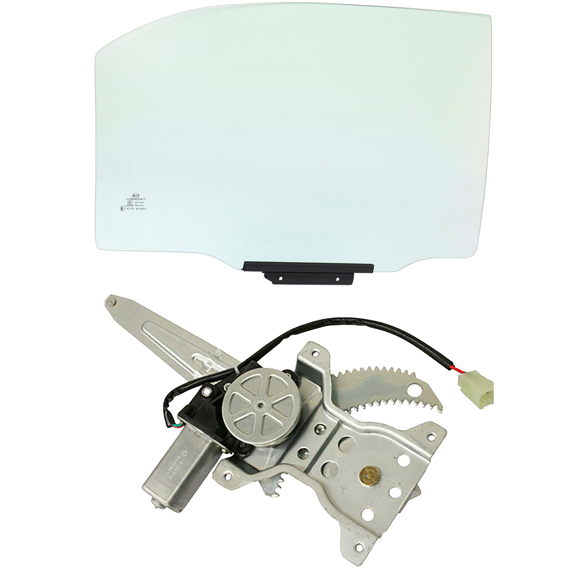 AM COROLLA 03-04 REAR DOOR GLASS RH Green Tint 2 pc kit Power w Motor w Clip 4 Door SKU KIT J070617-72 Partslink TO1551108 OEM 6811312720 FD21607GTYN FD22349