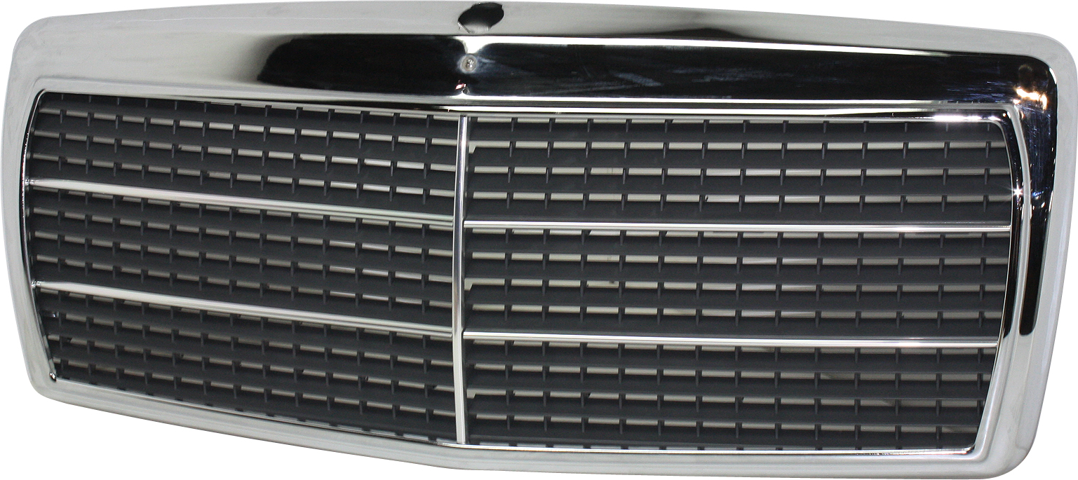 AM 190D 84-89-190E 84-93 GRILLE Plastic Chrome Shell Primed Insert w 11 Moulding 201 Chassis SKU M070175 Partslink MB1200103 OEM 2018800783
