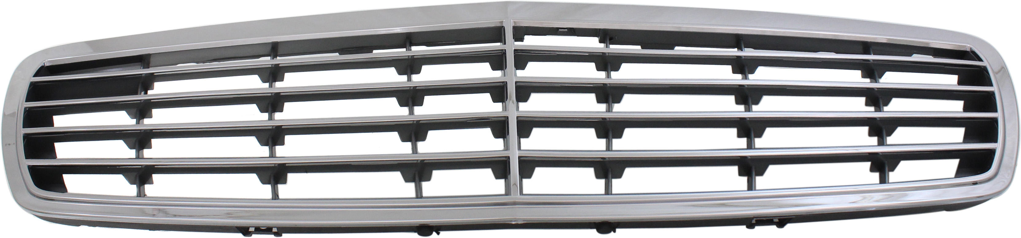 AM E CLASS 03-06 GRILLE Plastic Chrome Shell Silver Insert w 9 Moldings w o Proximity Cruise Control w Elegance Pkg Sedan Wagon SKU M070186 Partslink MB1200138 OEM 2118800383