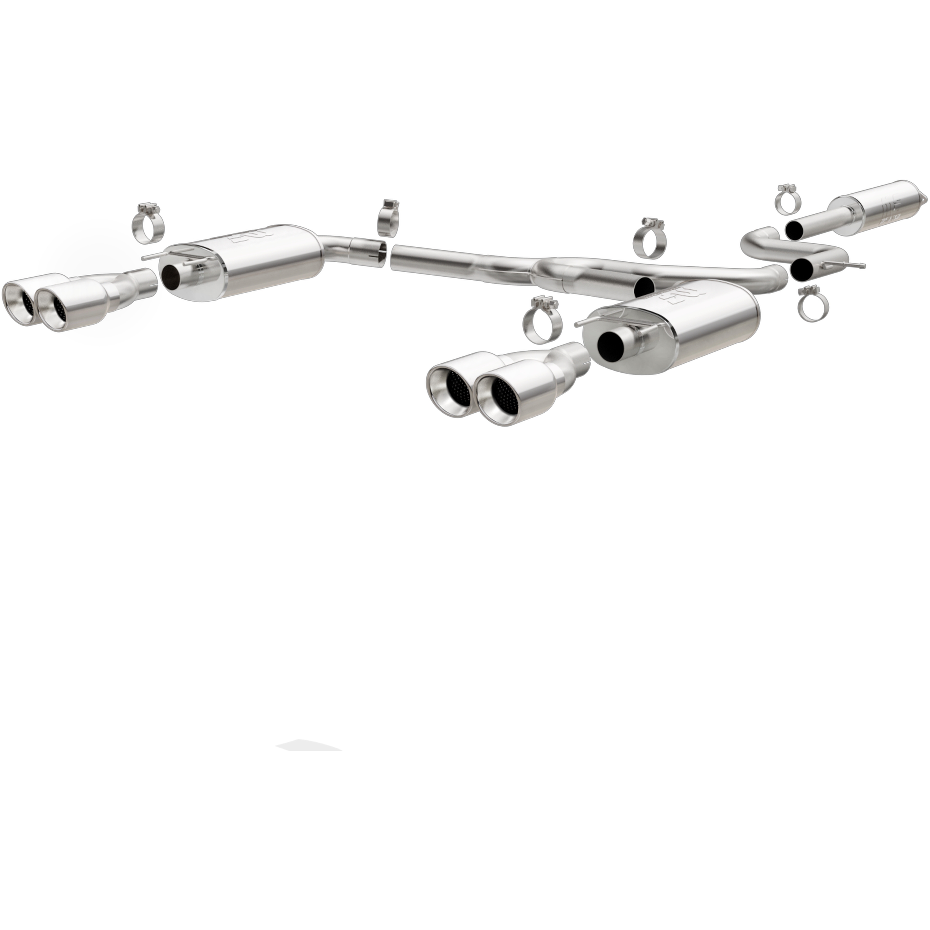 AM V8-5.3L GXP 5 x 8 x 14in. Muffler 5 x 14in. Resonator 2.5in. Tubing 4.0in. Polished Stainless Tip QUAD SPLIT REAR EXIT SKU M6616726