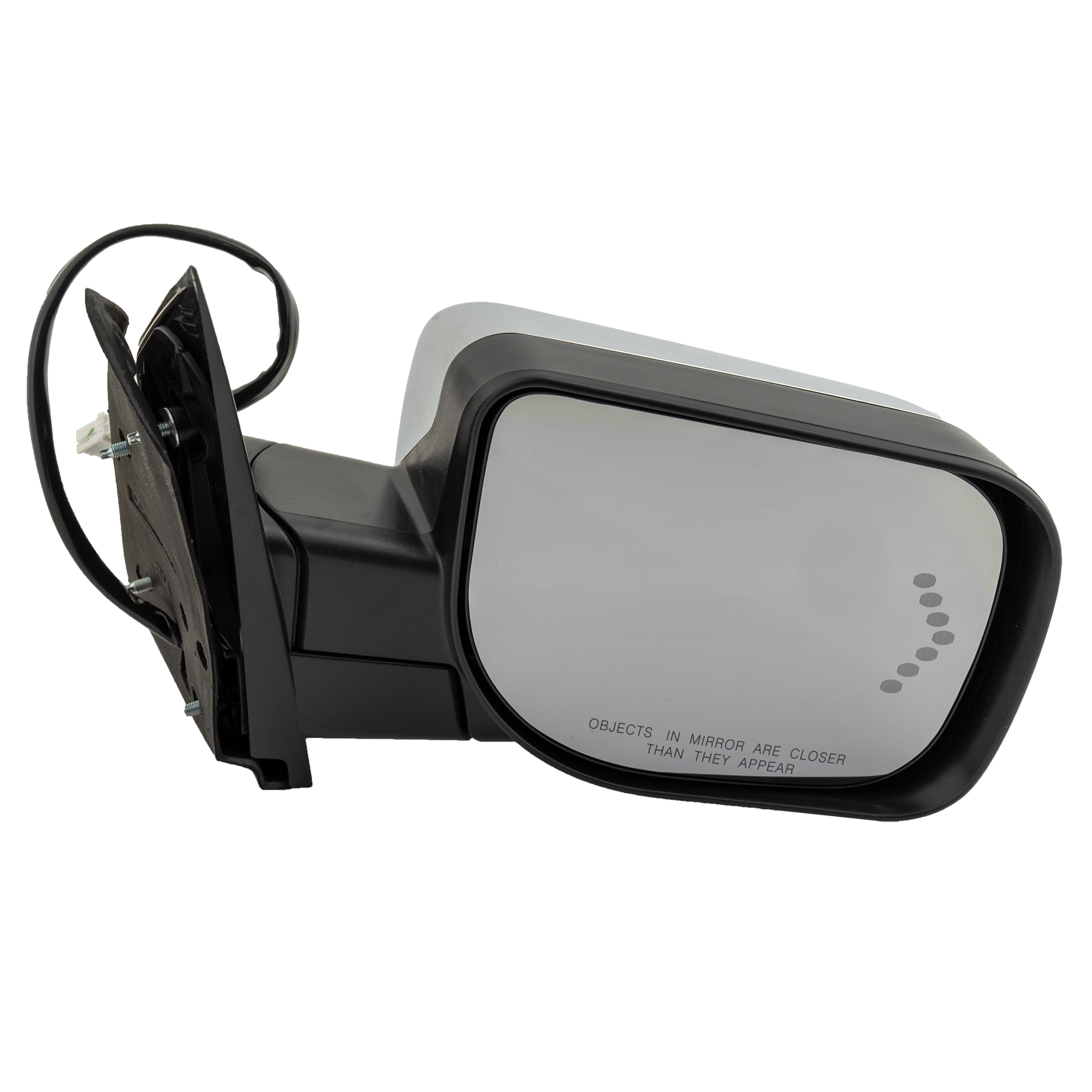 AM ARMADA TITAN 04-08 MIRROR RH Non Towing Power Manual Folding Heated Chrome w In glass Signal Light Memory and Puddle Light No Auto dimming and BSD SKU NS171ER S OEM 96301ZC400