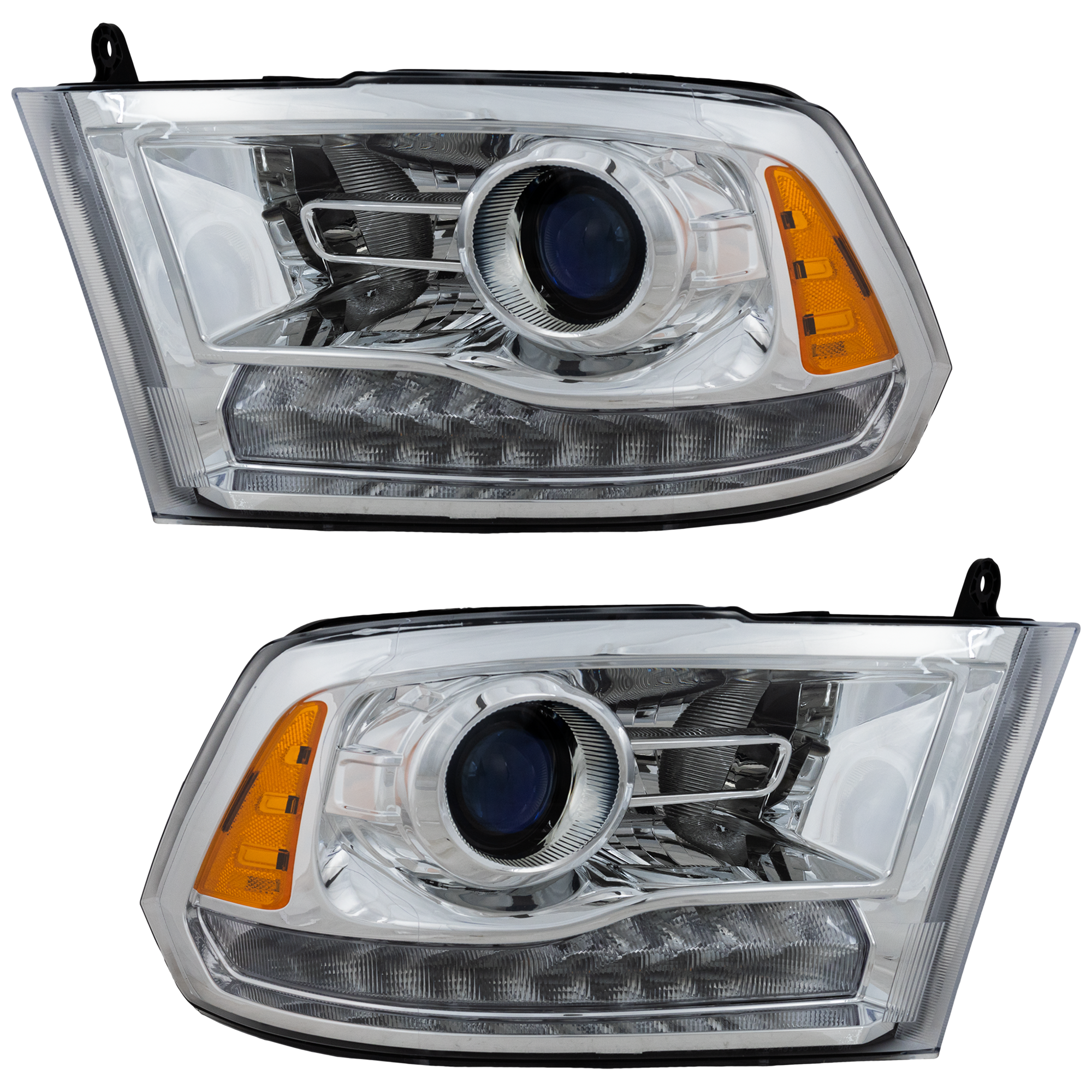 AM RAM FULL SIZE PICKUP 09-12 PROJECTOR HEAD LAMP RH AND LH Assembly Halogen Chrome Interior w Quad Lamps Code LME SKU RD10010037 Partslink CH2505129 OEM Performance