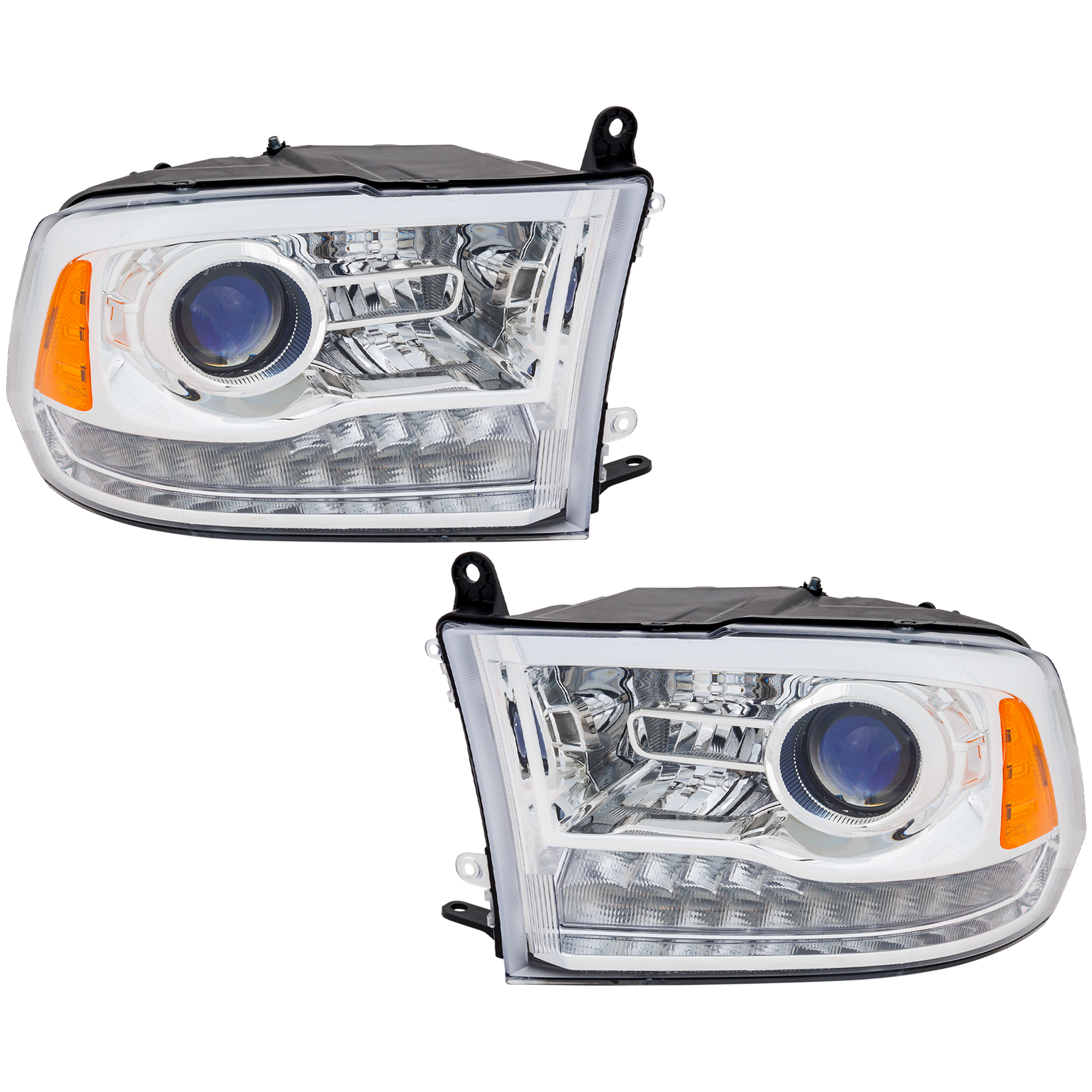 AM RAM FULL SIZE PICKUP 09-12 PROJECTOR HEAD LAMP RH AND LH Assembly Halogen Chrome Interior w o Quad Lamps Code LMA SKU RD10010038 Partslink CH2505130 OEM 55277409AG PFM 55277409AF PFM
