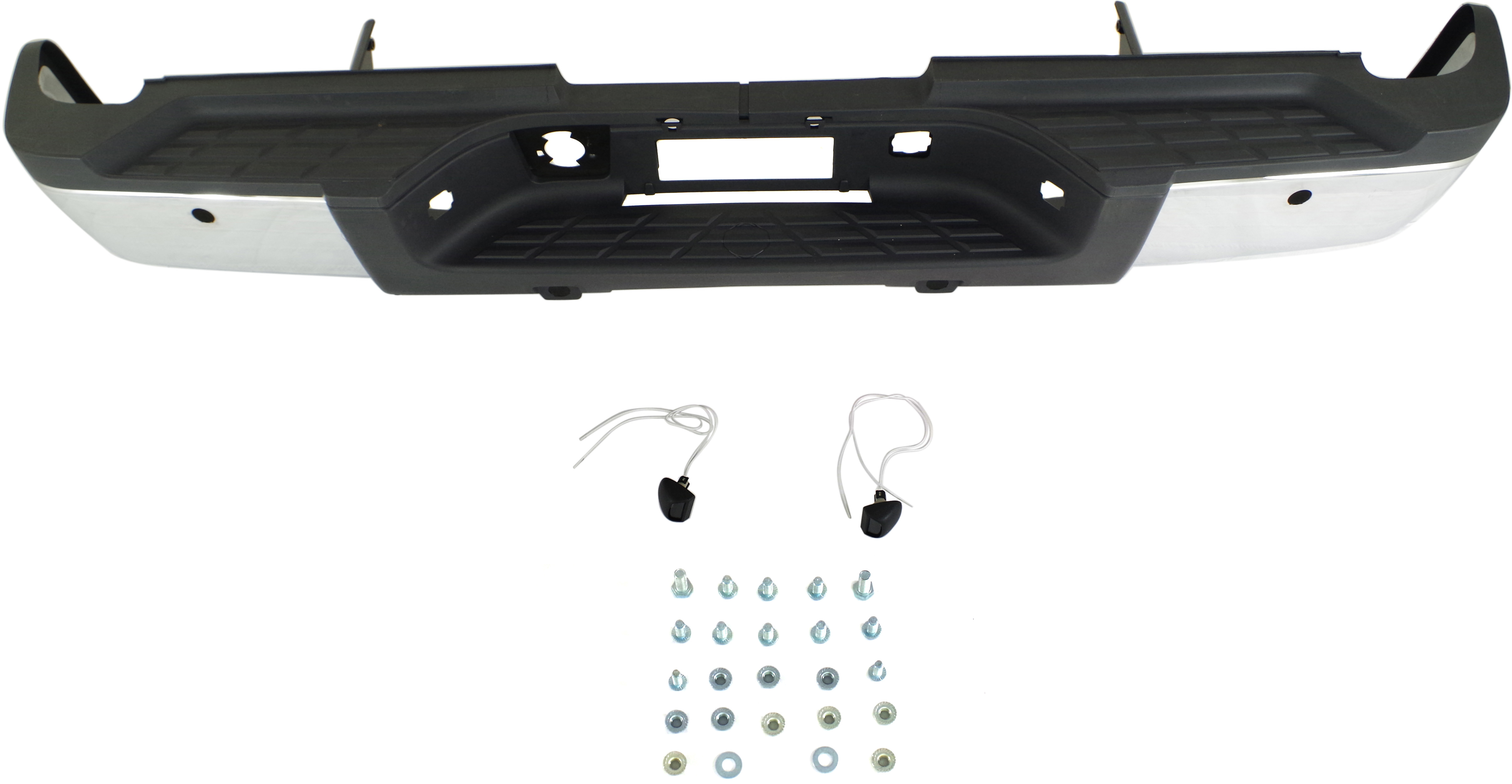 AM SILVERADO SIERRA 3500 HD 07-10 STEP BUMPER FACE BAR AND PAD w Pad Provision w o Mounting Bracket Chrome w Rear Object Sensor Holes Dual Rear Wheels Excludes 2007 Classic SKU REPC823707 Partslink GM1103154 OEM 19259335 PFM