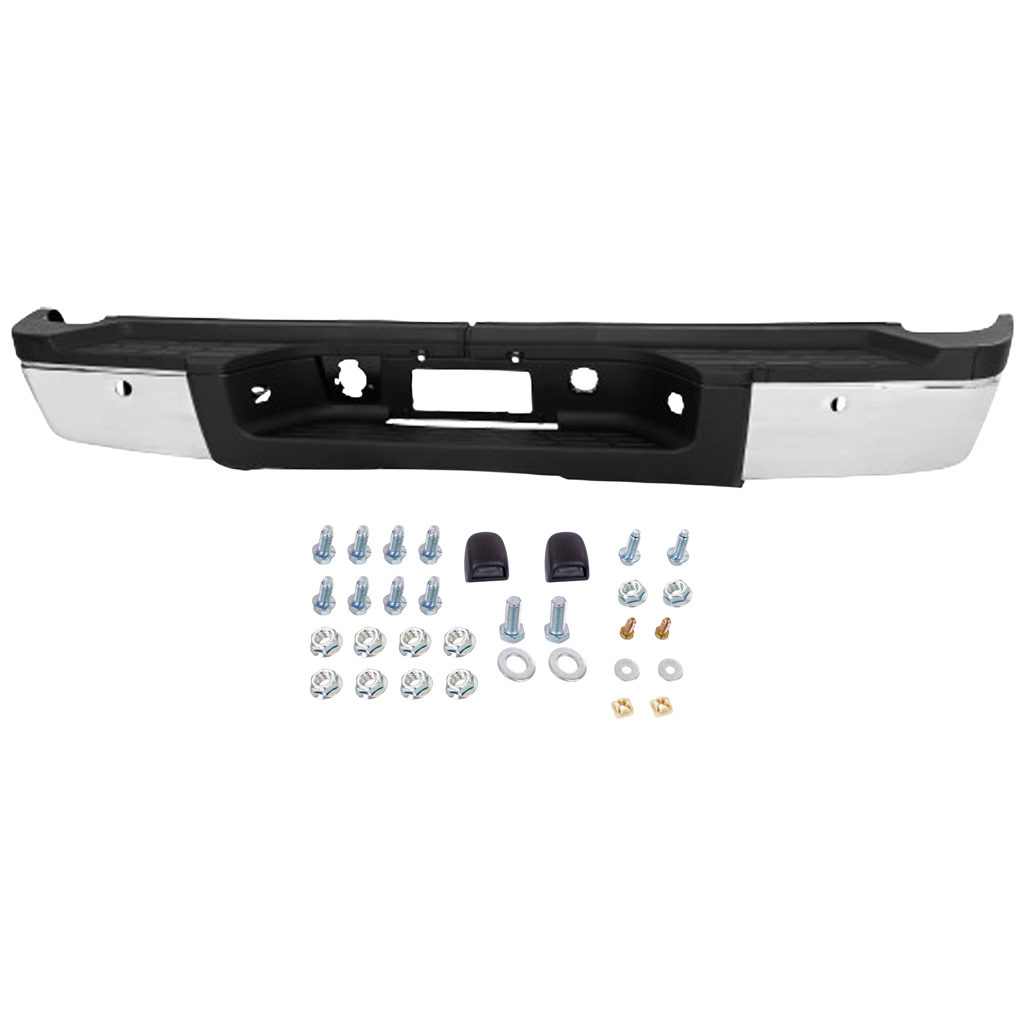 AM SILVERADO SIERRA 2500 HD 3500 HD 11-14 STEP BUMPER FACE BAR AND PAD w Pad Provision w o Mounting Bracket Chrome w Rear Object Sensor Holes Single Rear Wheels SKU REPC823716 Partslink GM1103165 OEM 22792253 PFM