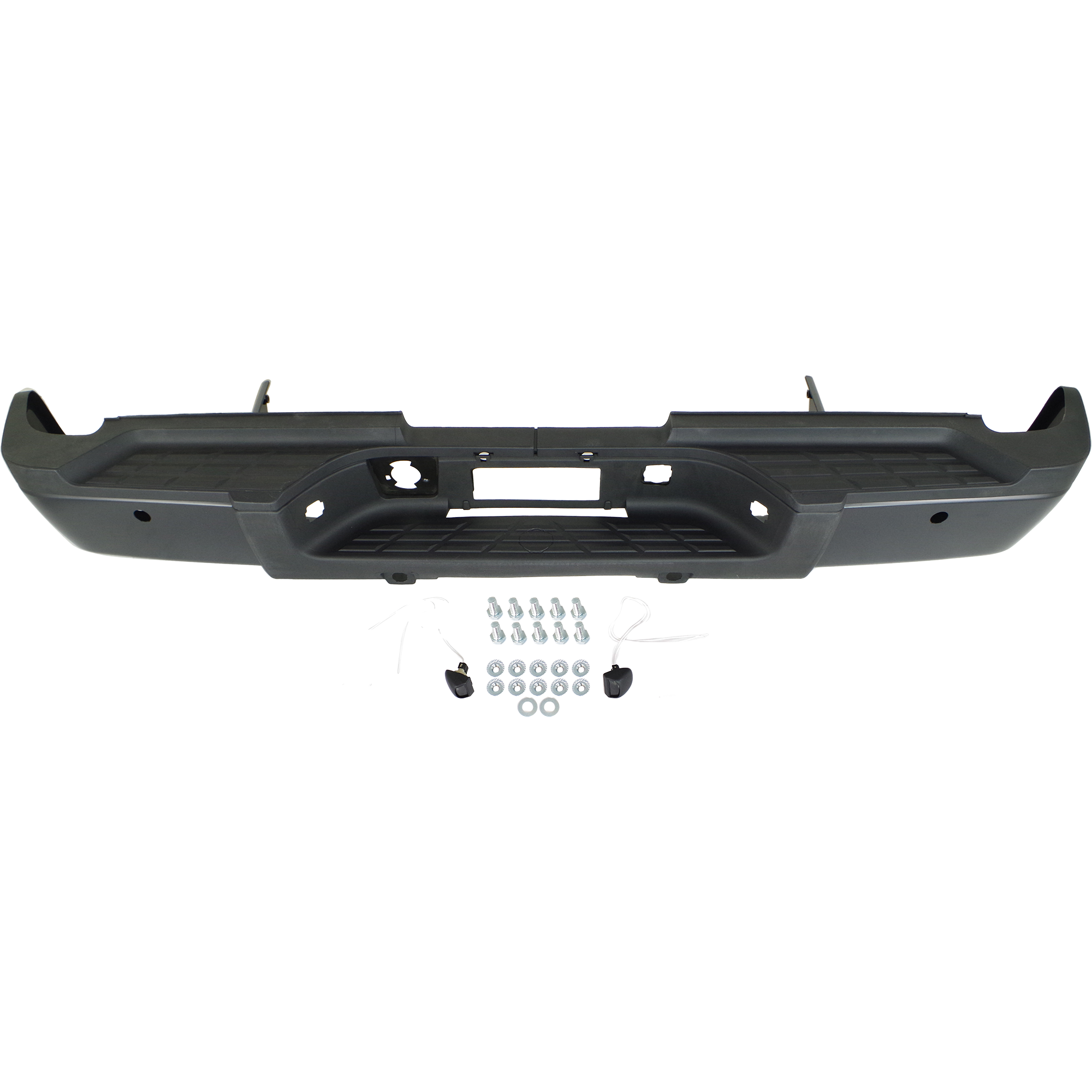 AM SILVERADO SIERRA 3500 HD 07-10 STEP BUMPER FACE BAR AND PAD w Pad Provision w o Mounting Bracket Powdercoated Black w Rear Object Sensor Holes Dual Rear Wheels Excludes 2007 Classic SKU REPC823907 Partslink GM1103155 OEM 20899965 PFM
