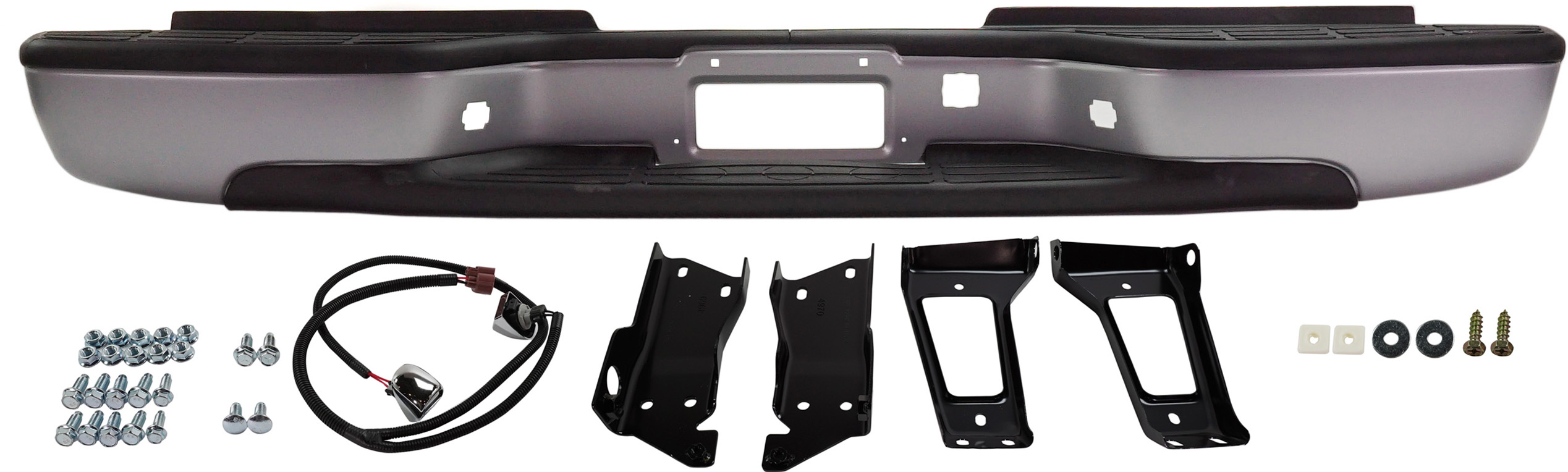 AM SILVERADO SIERRA 2500 HD 3500-01-06 STEP BUMPER FACE BAR AND PAD w Pad Provision w Mounting Bracket Powdercoated Silver Includes 2007 Classic SKU REPC825701 Partslink GM1103141 OEM 12473001 PFM