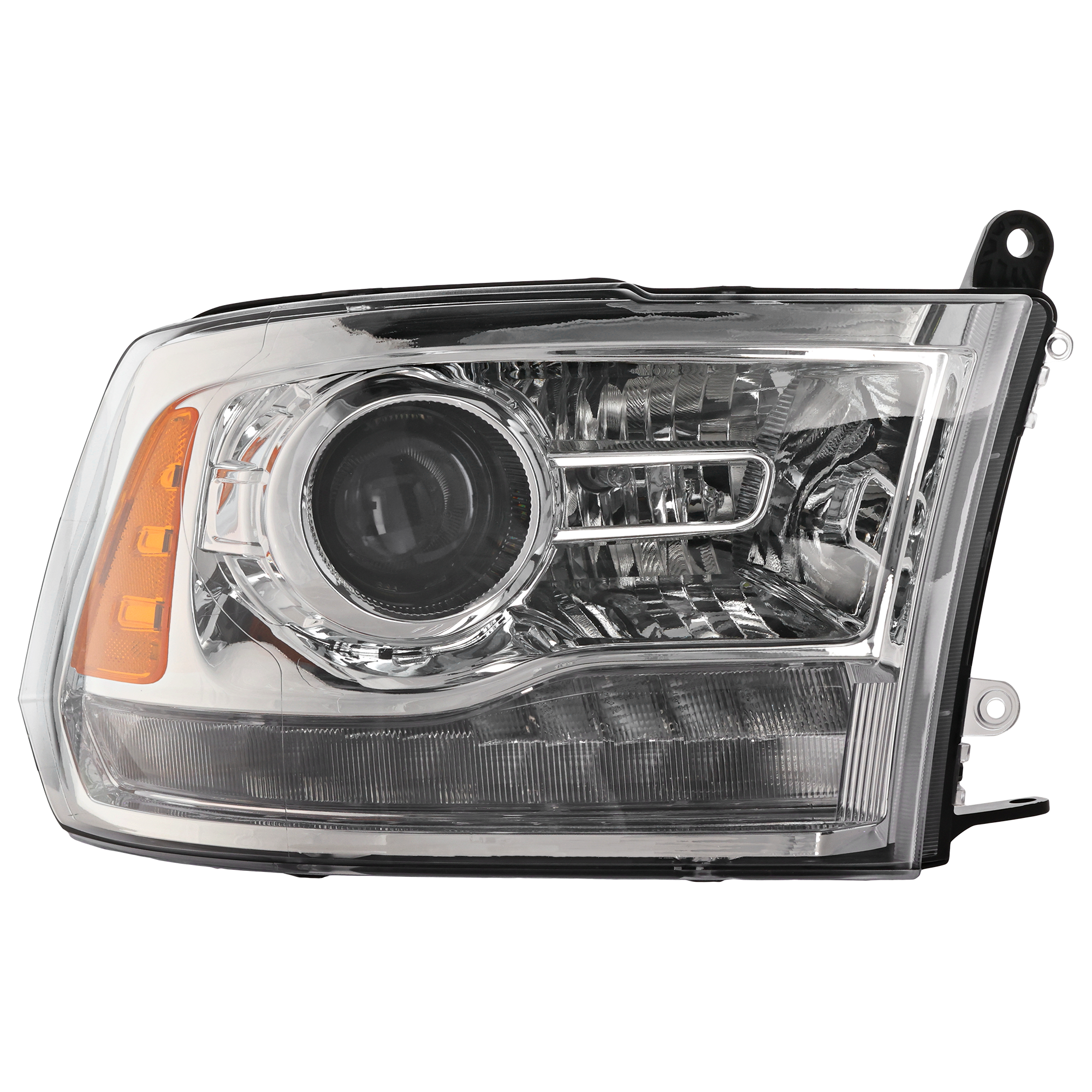AM RAM FULL SIZE PICKUP 13-15 PROJECTOR HEAD LAMP RH Assembly Halogen Chrome Interior SKU REPD100167 Partslink CH2503244 OEM 68093216AD 68093216AB