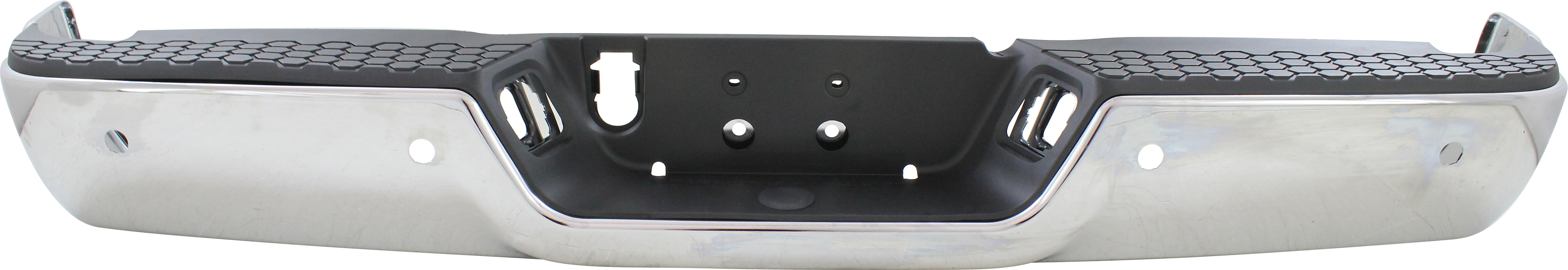 AM RAM 1500-09-18 RAM 2500-3500-10-12 STEP BUMPER FACE BAR AND PAD w Pad Provision w o Mounting Bracket Chr 09-12 w Parking Aid Sensor Holes w o Dual Exhaust Holes 13-22 w Single Exh Type SKU REPD823715 Partslink CH1103122 OEM 68049769AB PFM