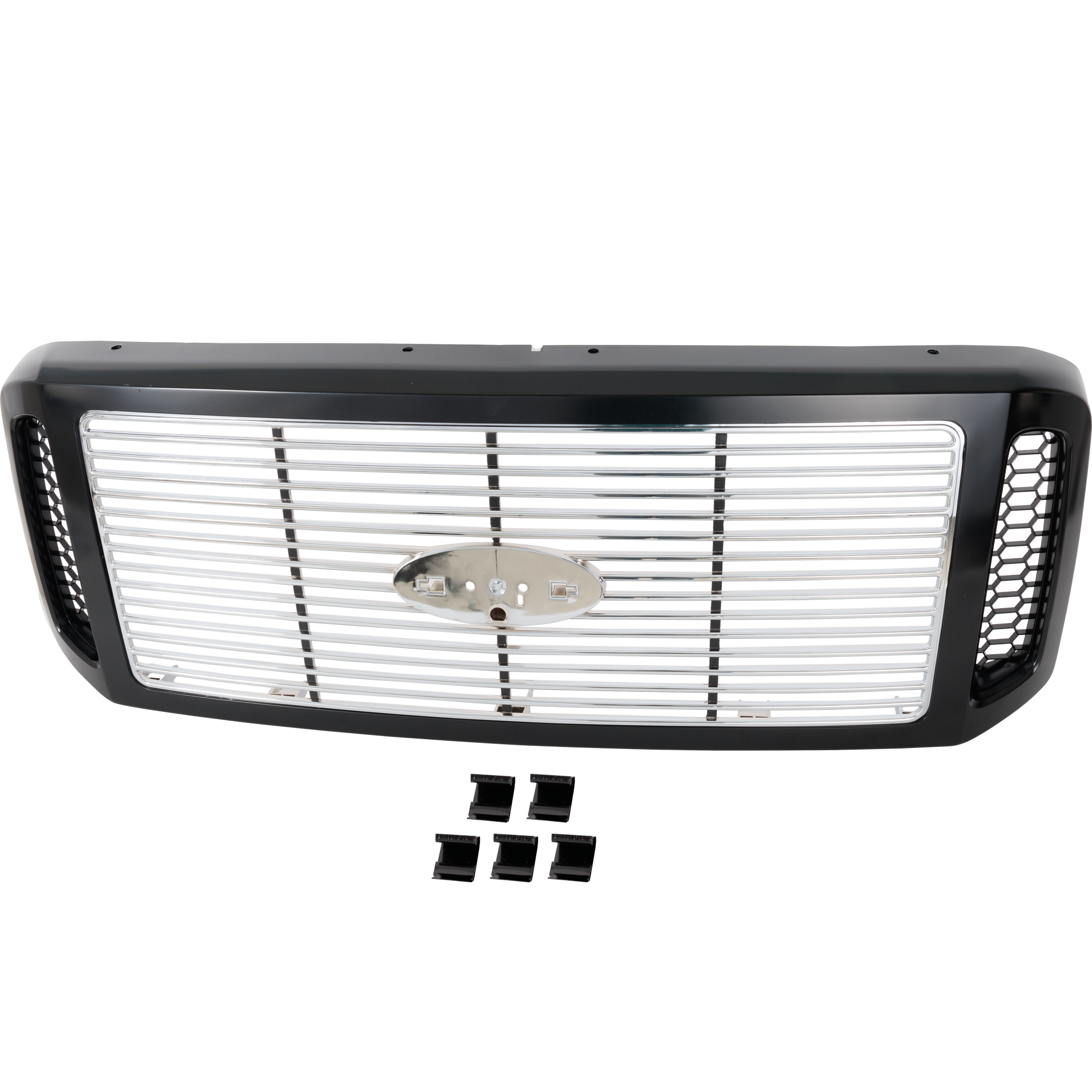 AM F 250 F 350 SUPER DUTY 05-07 GRILLE Horizontal Bar Insert Painted Black Shell w Chrome Insert Harley Davidson Edition Model SKU REPF070161 Partslink FO1200458 OEM 6C3Z8200DH