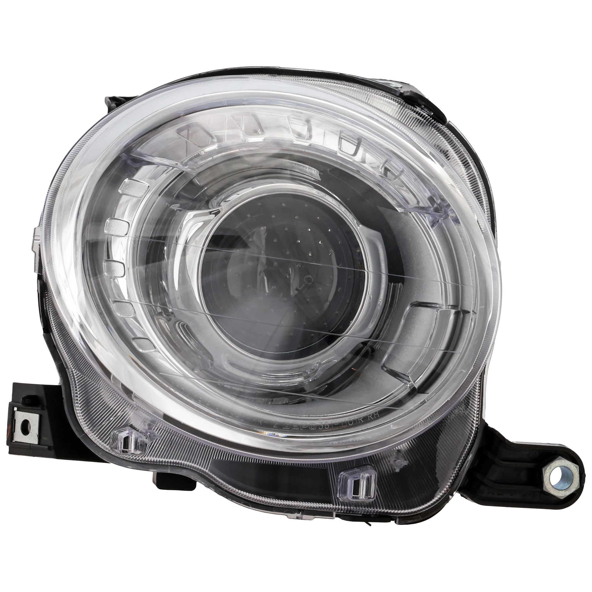 AM FIAT 500-12-19 PROJECTOR HEAD LAMP RH Assembly Halogen w o Black Trim Hatchback SKU REPF100185 Partslink FI2503100 OEM 5182428AE