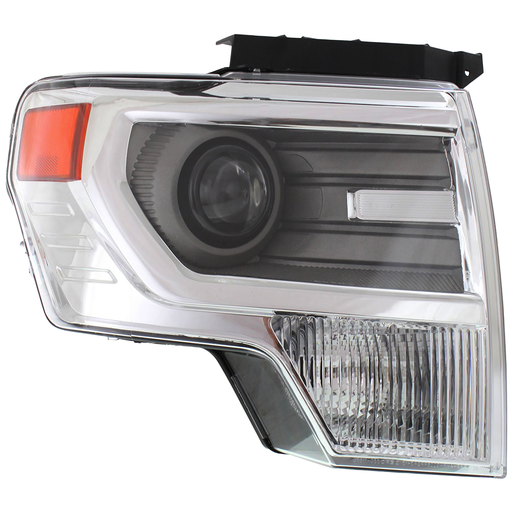 AM F 150-13-14 HEAD LAMP RH Lens and Housing HID Xenon w o HID Kit Chrome Interior SKU REPF100189 Partslink FO2519120 OEM DL3Z13008AB