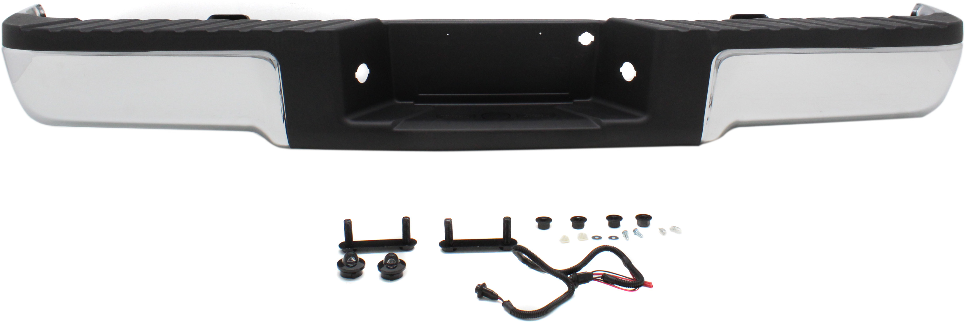 AM F 150-09-14 STEP BUMPER FACE BAR AND PAD w Pad Provision w o Mounting Bracket Chrome w o Rear Object Sensor Holes and Towing Package Exc. Raptor Model Styleside SKU REPF760715 Partslink FO1103160 OEM 9L3Z17906A PFM 9L3Z17906A 9L3Z