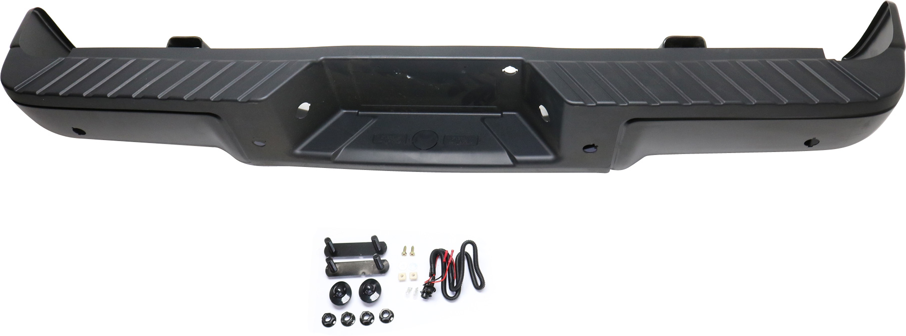 AM F 150-09-14 STEP BUMPER FACE BAR AND PAD w Pad Provision w o Mounting Bracket Powdercoated Black w Rear Object Sensor Holes w o Towing Pkg Styleside SKU REPF760722 Partslink FO1103167 OEM 9L3Z17906DPTM PFM 9L3Z17906DPT