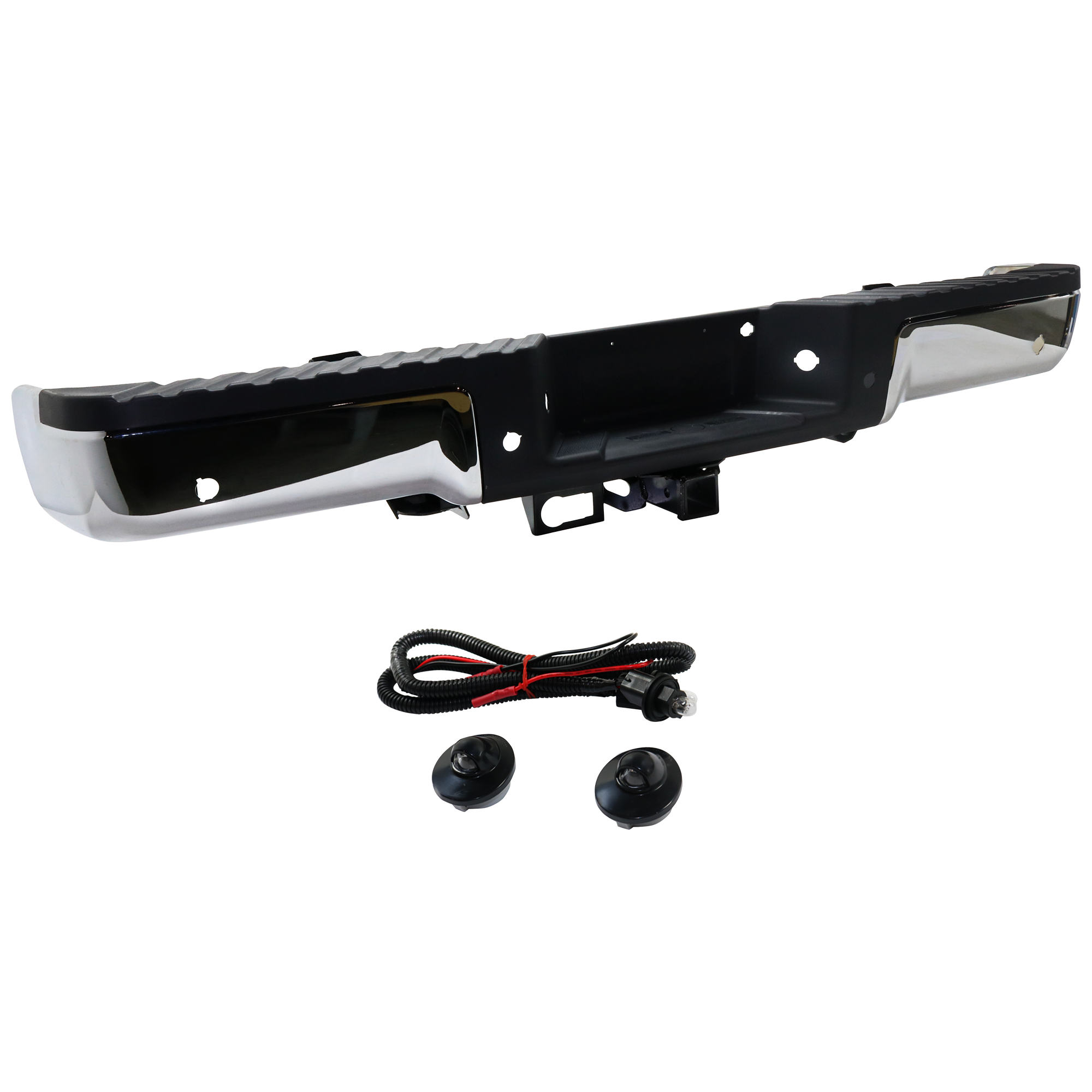 AM F 150-09-14 STEP BUMPER FACE BAR AND PAD w Pad Provision w o Mounting Bracket Chrome w Rear Object Sensor Holes w Base Towing Pkg Exc. Raptor Model Styleside SKU REPF760723 Partslink FO1103168 OEM 9L3Z17906B PFM