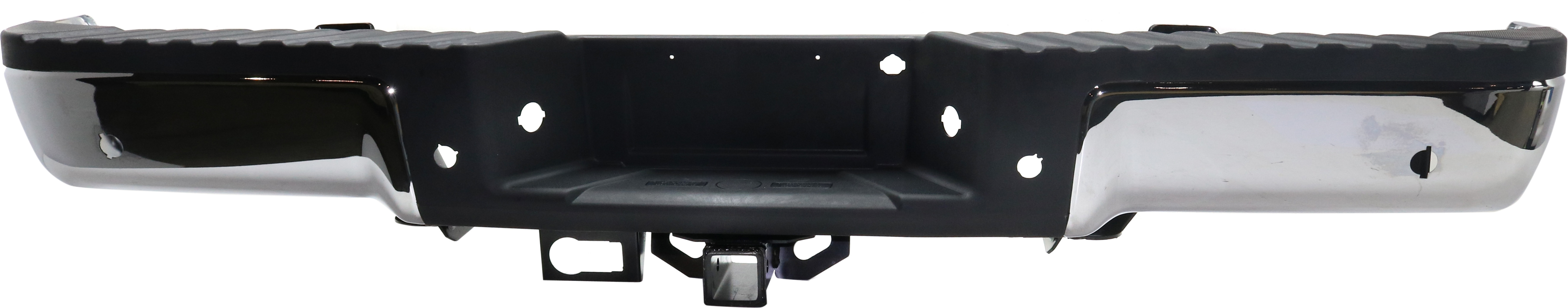 AM F 150-09-14 STEP BUMPER FACE BAR AND PAD w Pad Provision w o Mounting Bracket Chrome w Rear Object Sensor Holes w Upgrade Towing Pkg Exc. Raptor Model Styleside SKU REPF760725 Partslink FO1103170 OEM 9L3Z17906B PFM
