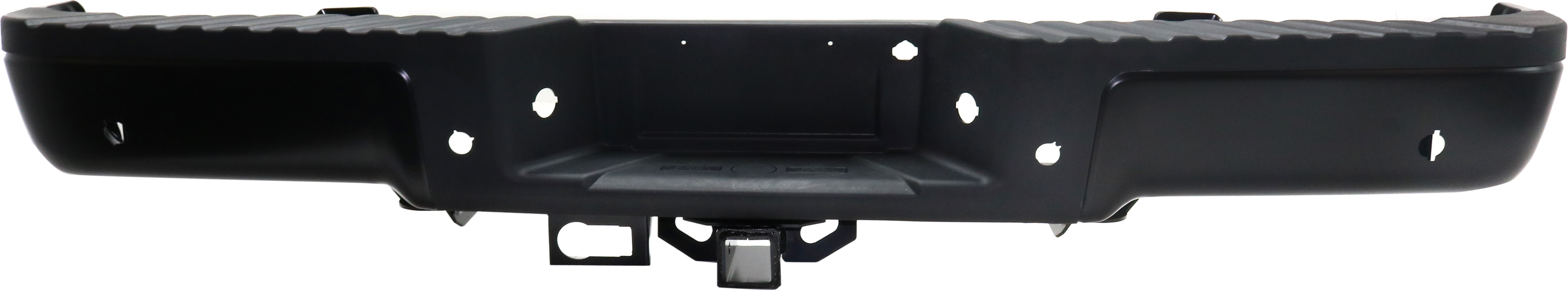 AM F 150-09-14 STEP BUMPER FACE BAR AND PAD w Pad Provision w o Mounting Bracket Black w Rear Object Sensor Holes w Upgrade Towing Pkg Styleside SKU REPF760726 Partslink FO1103171 OEM 9L3Z17906DPTM PFM