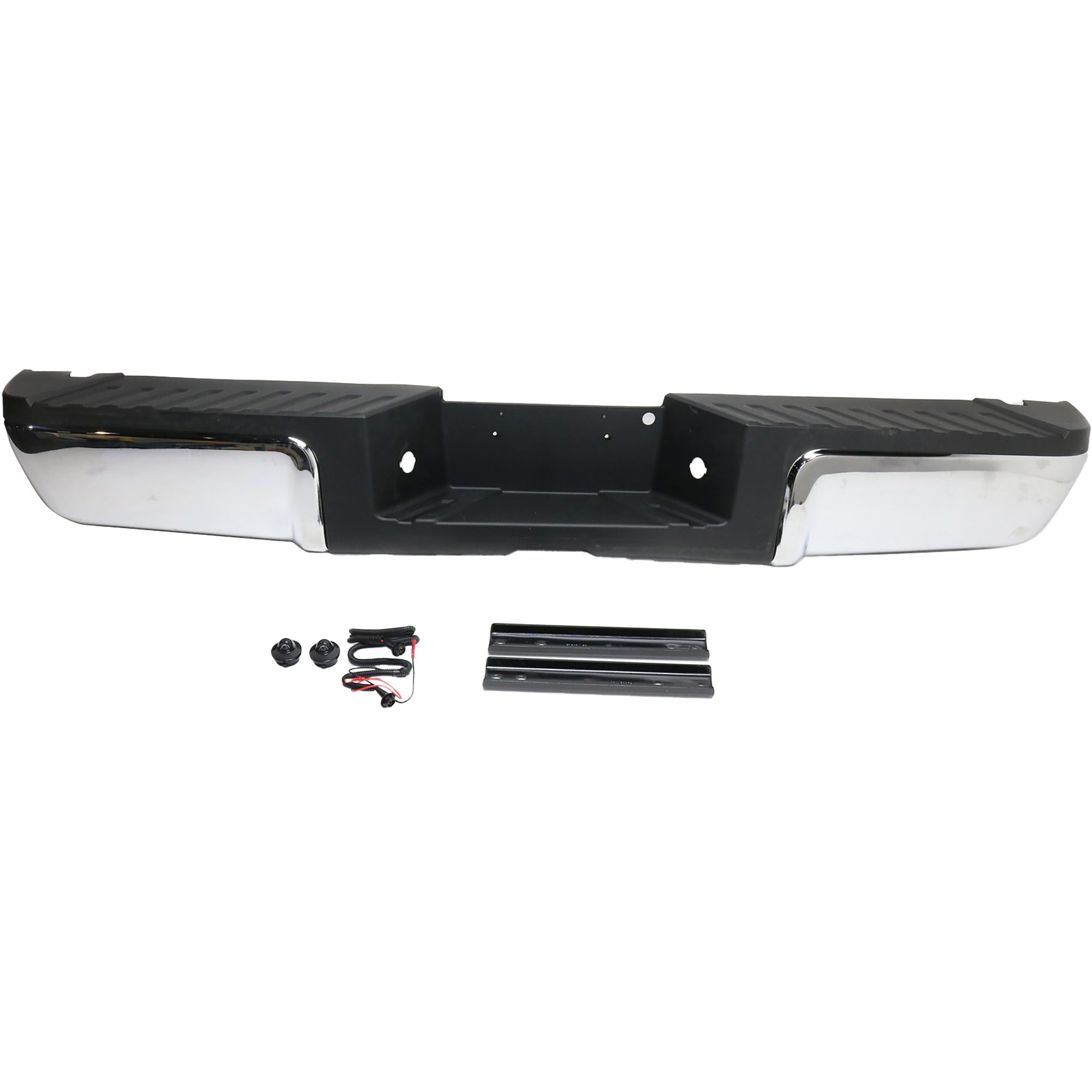 AM F SERIES SUPER DUTY 13-16 STEP BUMPER FACE BAR AND PAD w Pad Provision w Mounting Bracket Chrome Face Black Pad w o Rear Object Sensor Holes SKU REPF760733 Partslink FO1103176 OEM 9C3Z17906B PFM