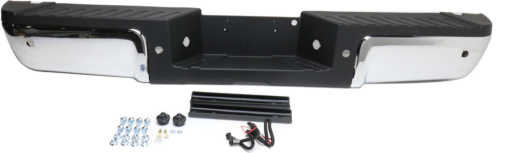 AM F SERIES SUPER DUTY 13-16 STEP BUMPER FACE BAR AND PAD w Pad Provision w Mounting Bracket Chrome Face Black Pad w Rear Object Sensor Holes SKU REPF760734 Partslink FO1103177 OEM 9C3Z17906D PFM