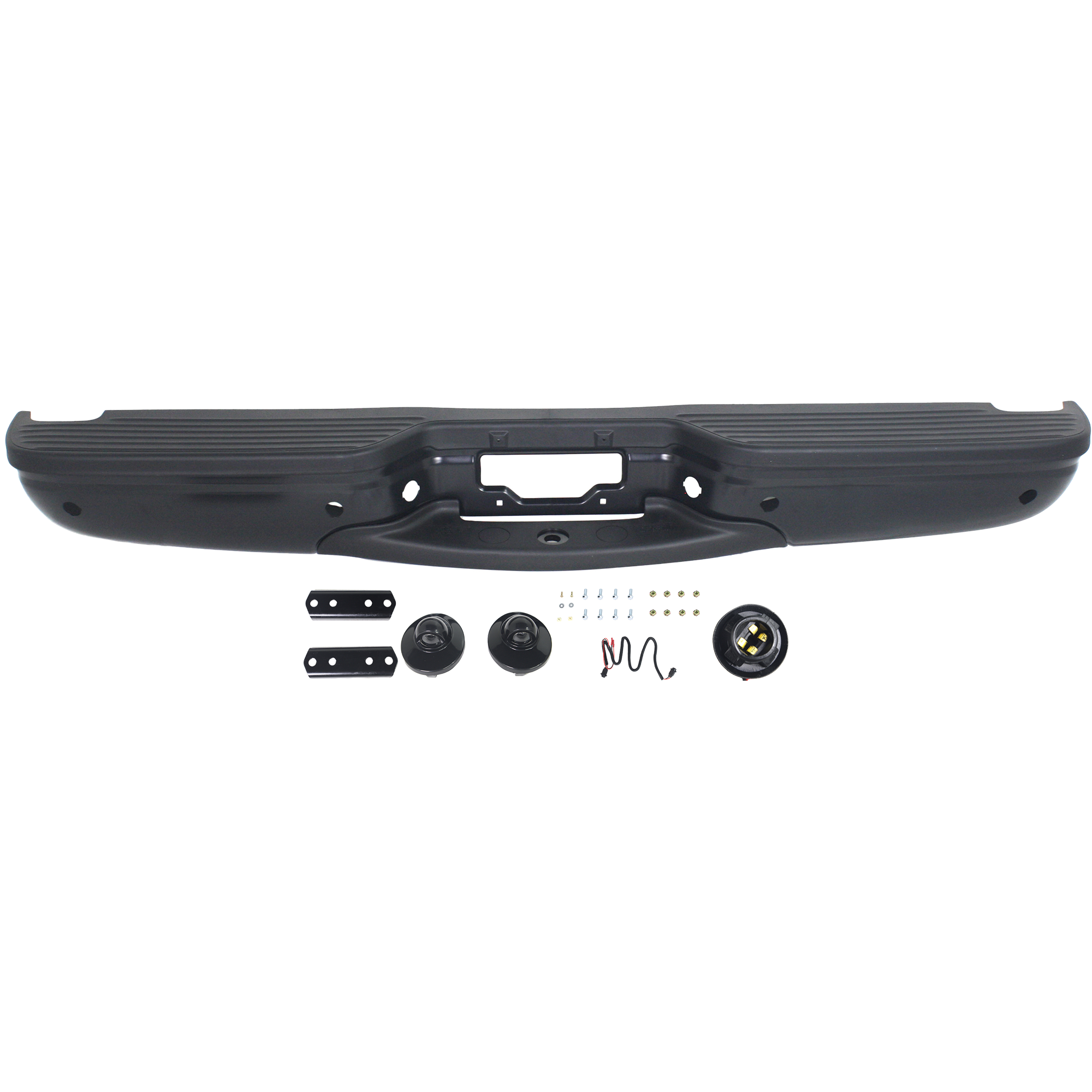 AM EXCURSION 00-05 STEP BUMPER FACE BAR AND PAD w Pad Provision w Mounting Bracket Powdercoated Black w Rear Object Sensor Hole SKU REPF823904 OEM 3C7Z17906CAA PFM