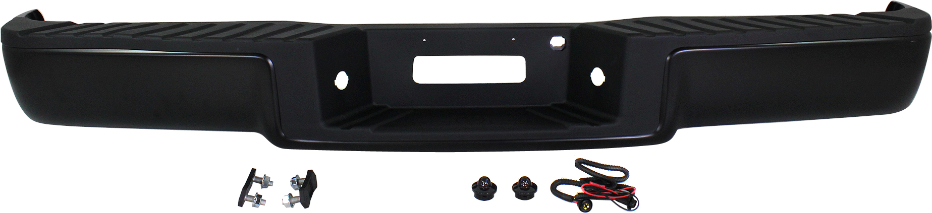 AM F 150-04-06 STEP BUMPER FACE BAR AND PAD w Pad Provision w o Mounting Bracket Black Pull Bar Style w o Rear Object Sensor Holes Styleside SKU REPF823918 Partslink FO1103126 OEM Performance