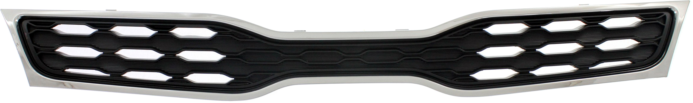 AM RIO 12-15 GRILLE Upper Chrome Shell Painted Black Insert w Fog Light Holes and Chrome Molding Hatchback SKU REPK070124 Partslink KI1200152 OEM 863501W210